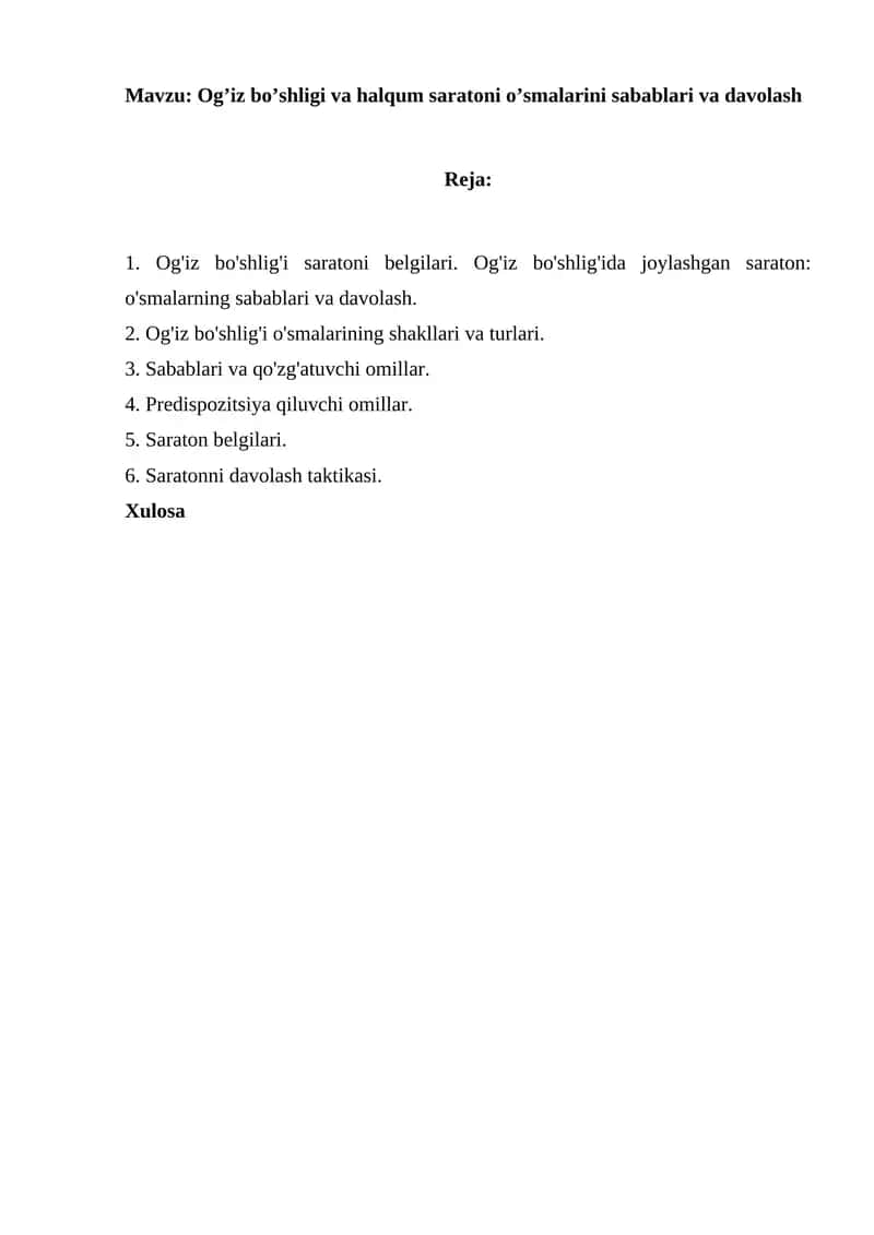 Og’iz bo’shligi va halqum saratoni o’smalarini sabablari va davolash