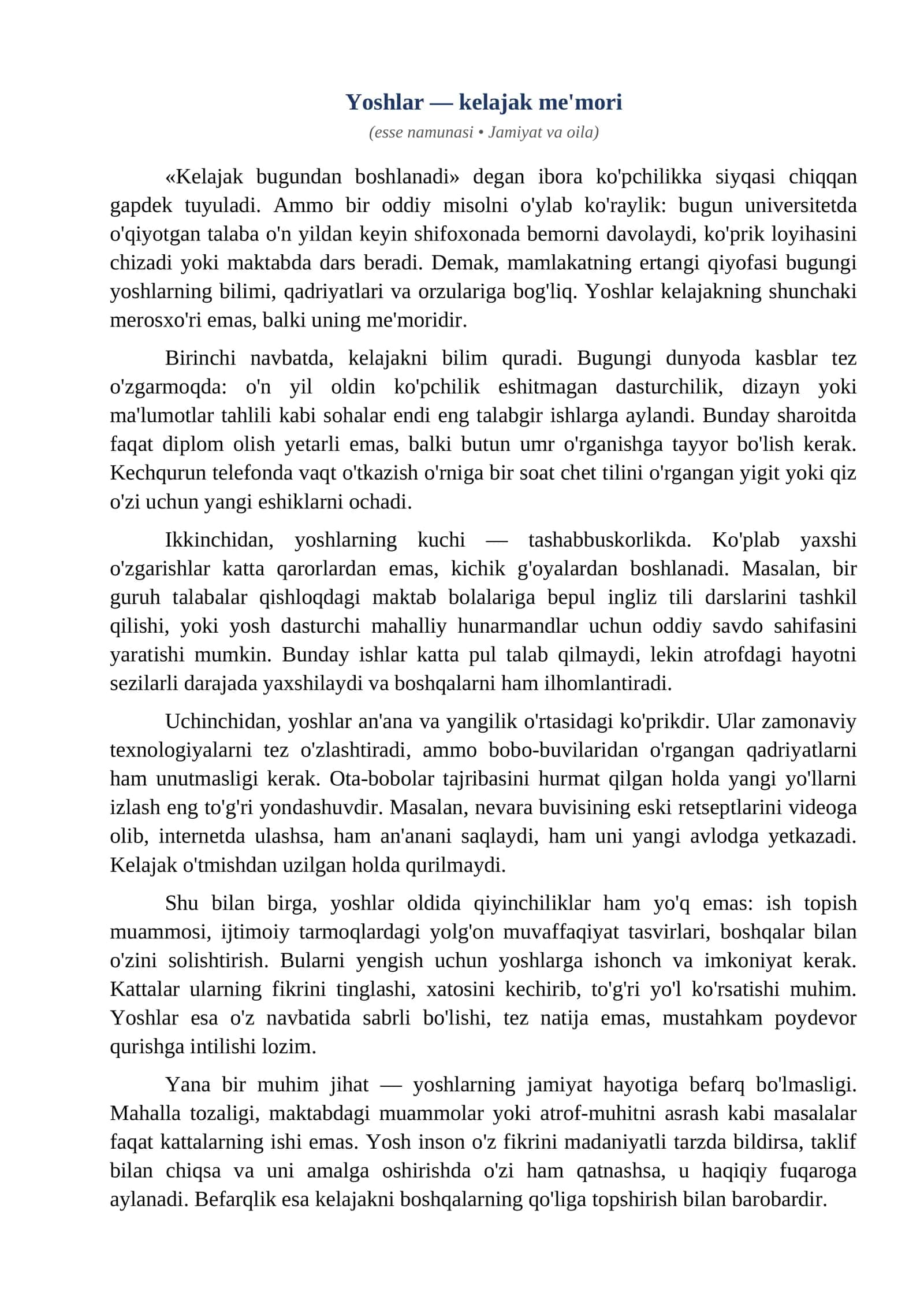 Esse Yoshlar kelajak memori