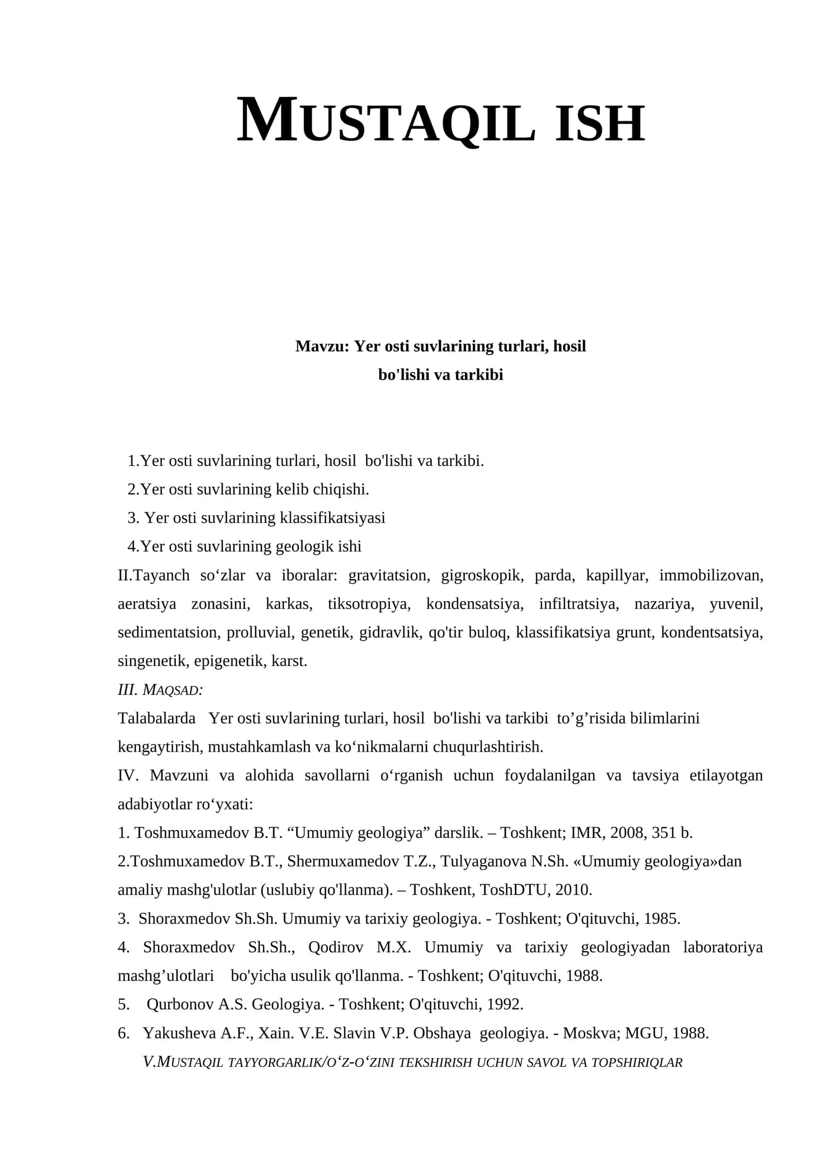 Yer osti suvlarining turlari, hosil bo'lishi va tarkibi