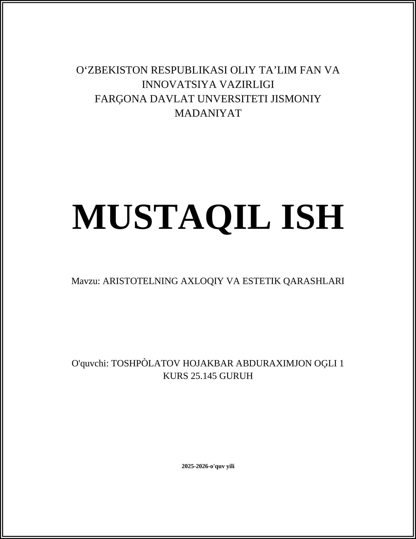ARISTOTELNING AXLOQIY VA ESTETIK QARASHLARI