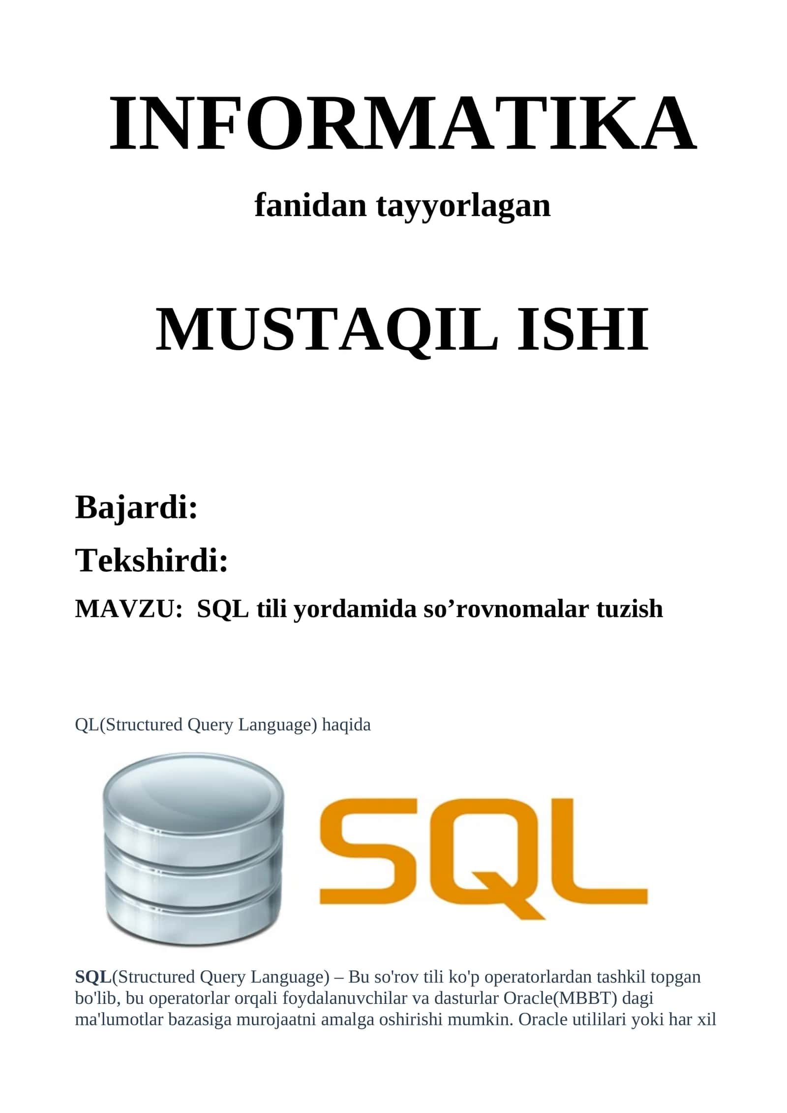 SQL tili yordamida so’rovnomalar tuzish