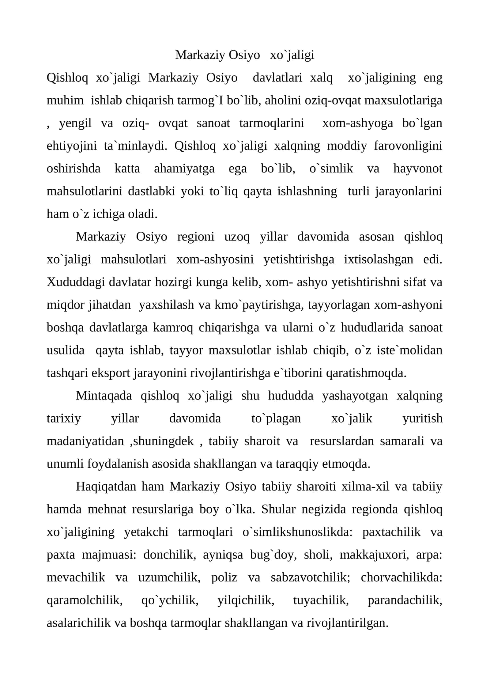 Qishloq xo`jaligi Markaziy Osiyo davlatlari