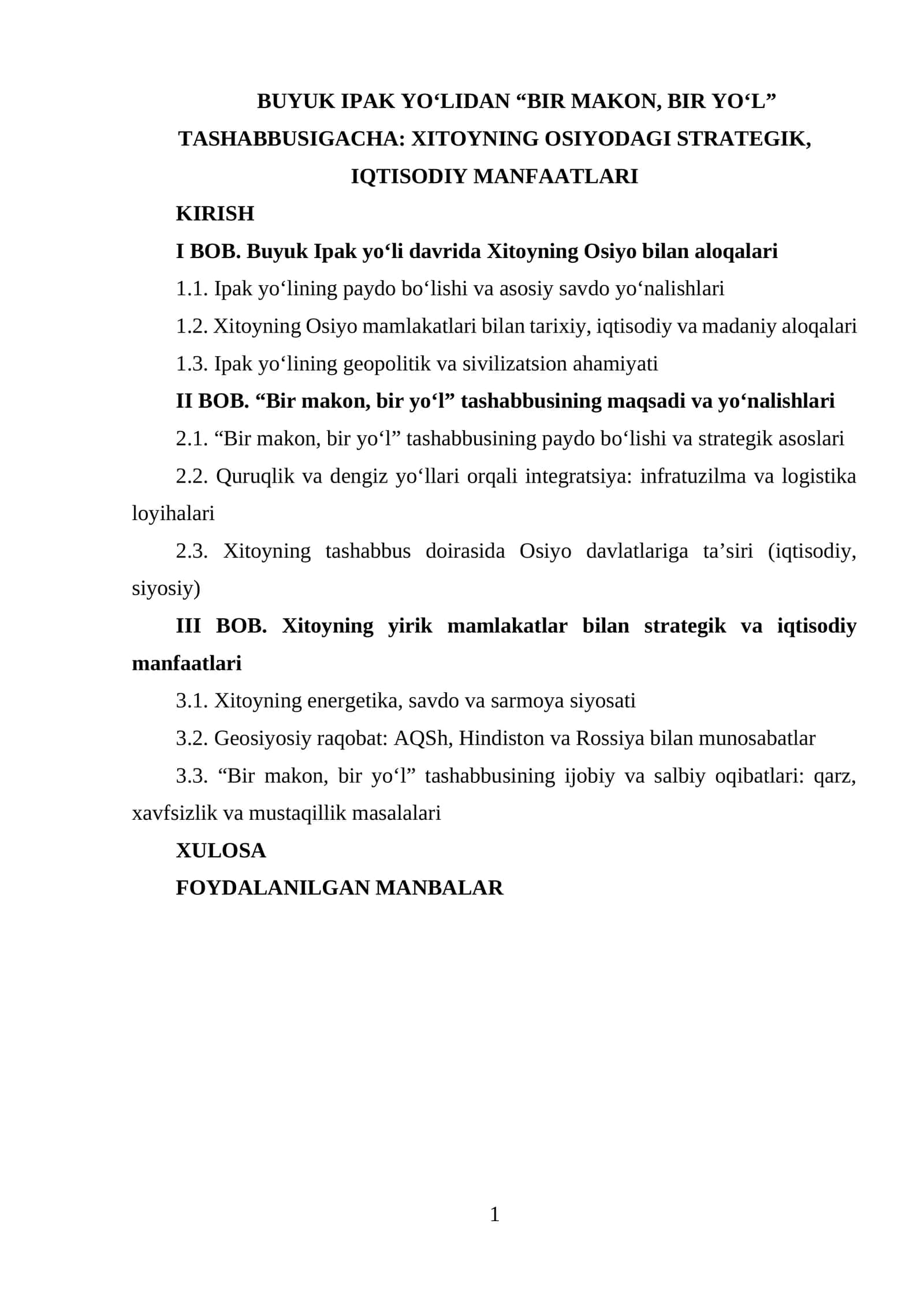 XITOYNING OSIYODAGI STRATEGIK, IQTISODIY MANFAATLARI