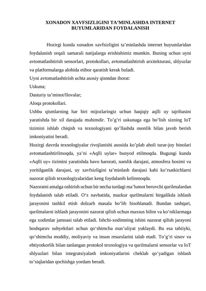 Xonadon xavfsizligini ta'minlashda internet buyumlaridan foydalanish