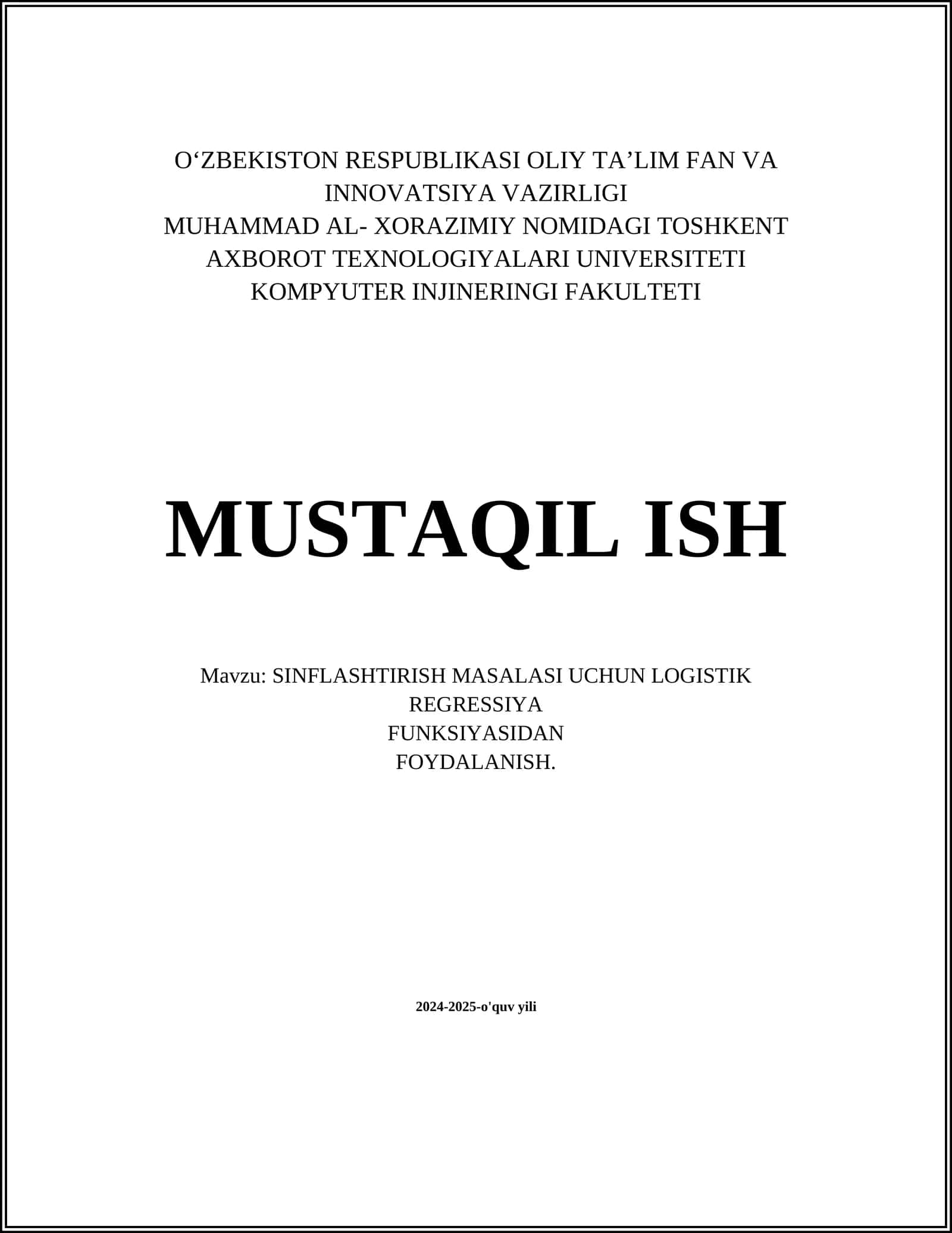 SINFLASHTIRISH MASALASI UCHUN LOGISTIK REGRESSIYA FUNKSIYASIDAN FOYDALANISH