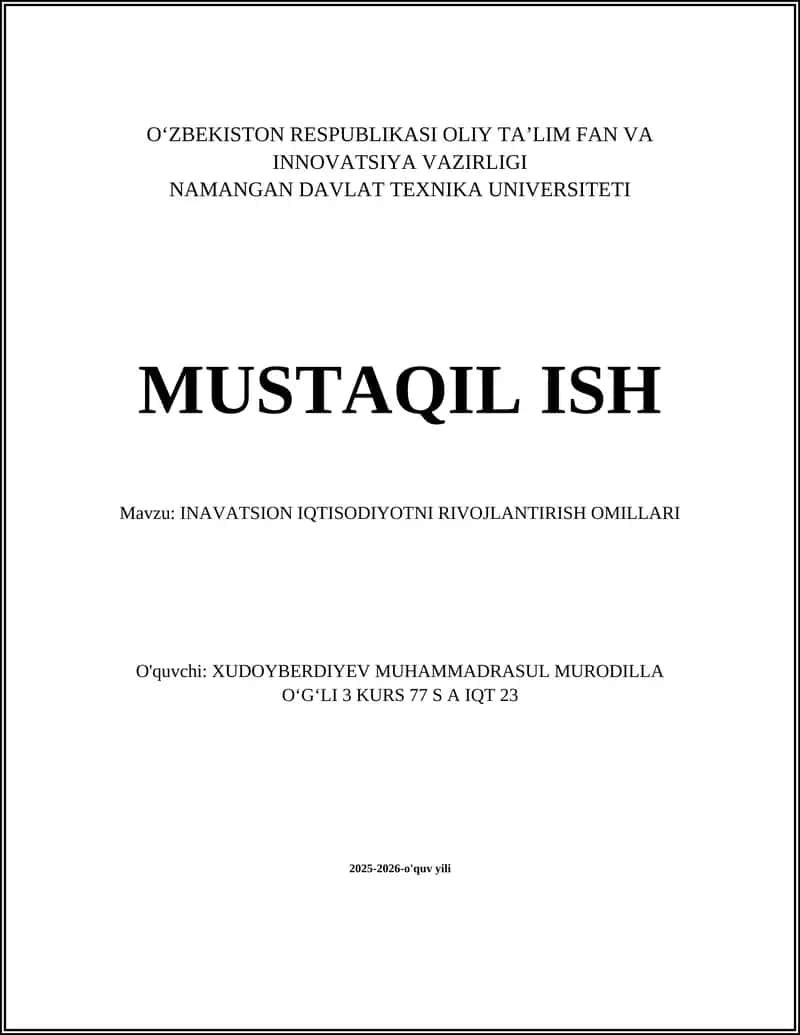INAVATSION IQTISODIYOTNI RIVOJLANTIRISH OMILLARI