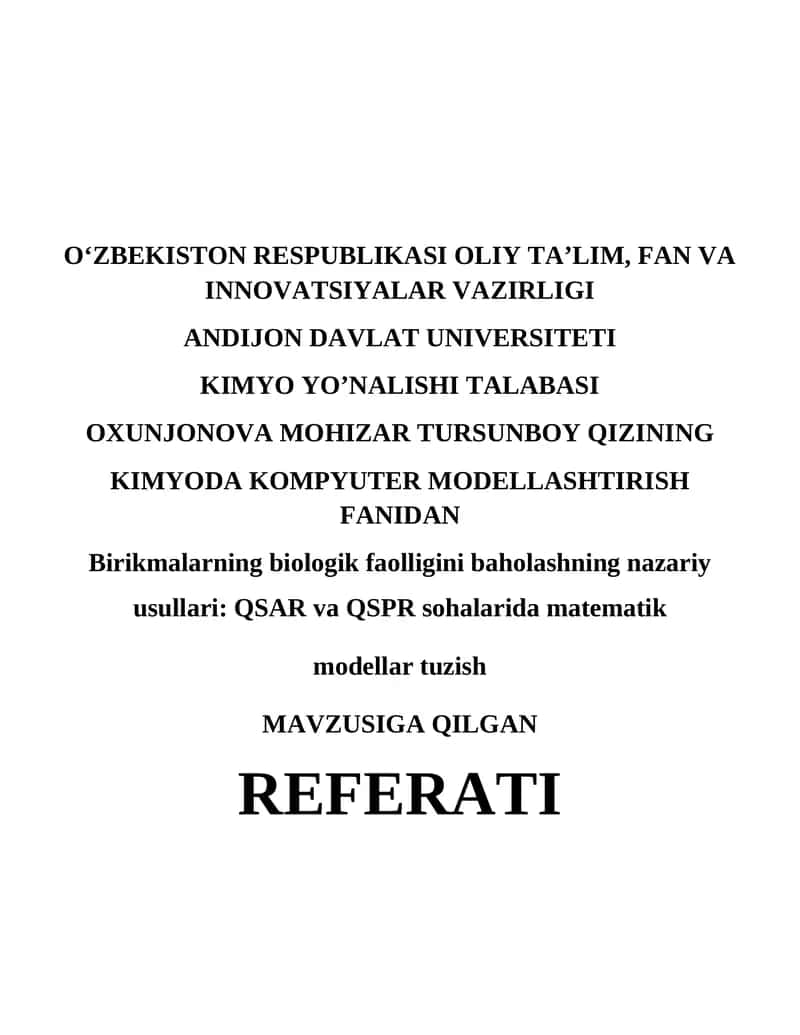 Kimyoda Kompyuter Modellashtirish Fanidan Referati