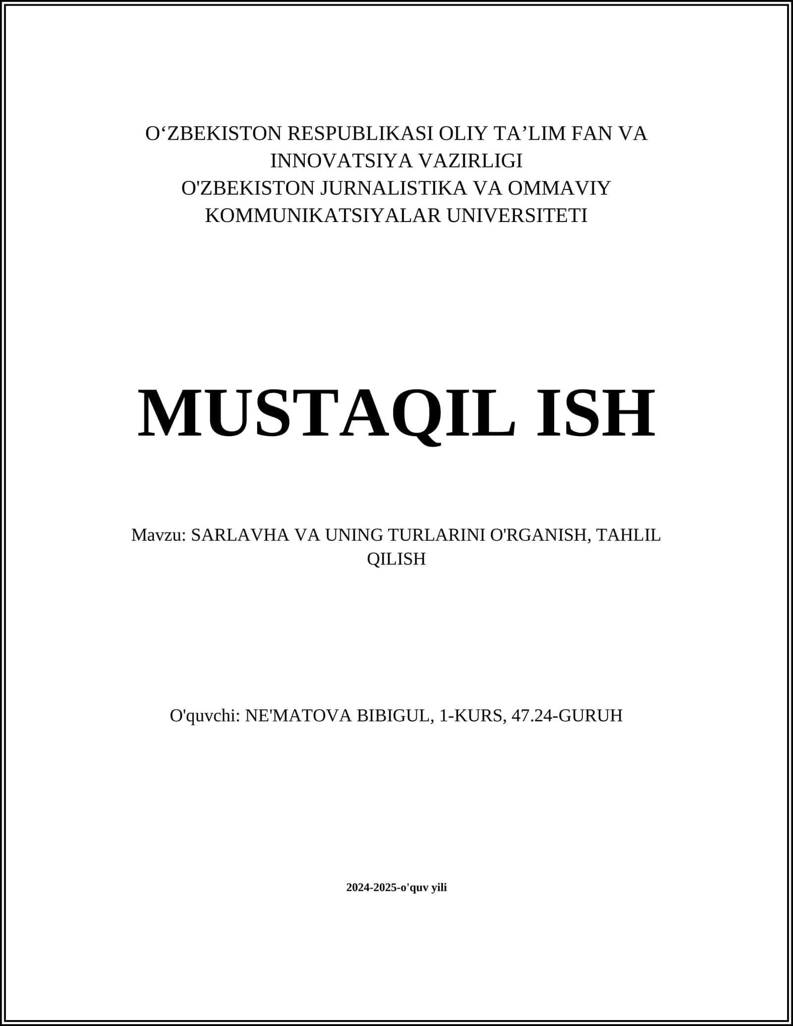 SARLAVHA VA UNING TURLARINI O'RGANISH, TAHLIL QILISH