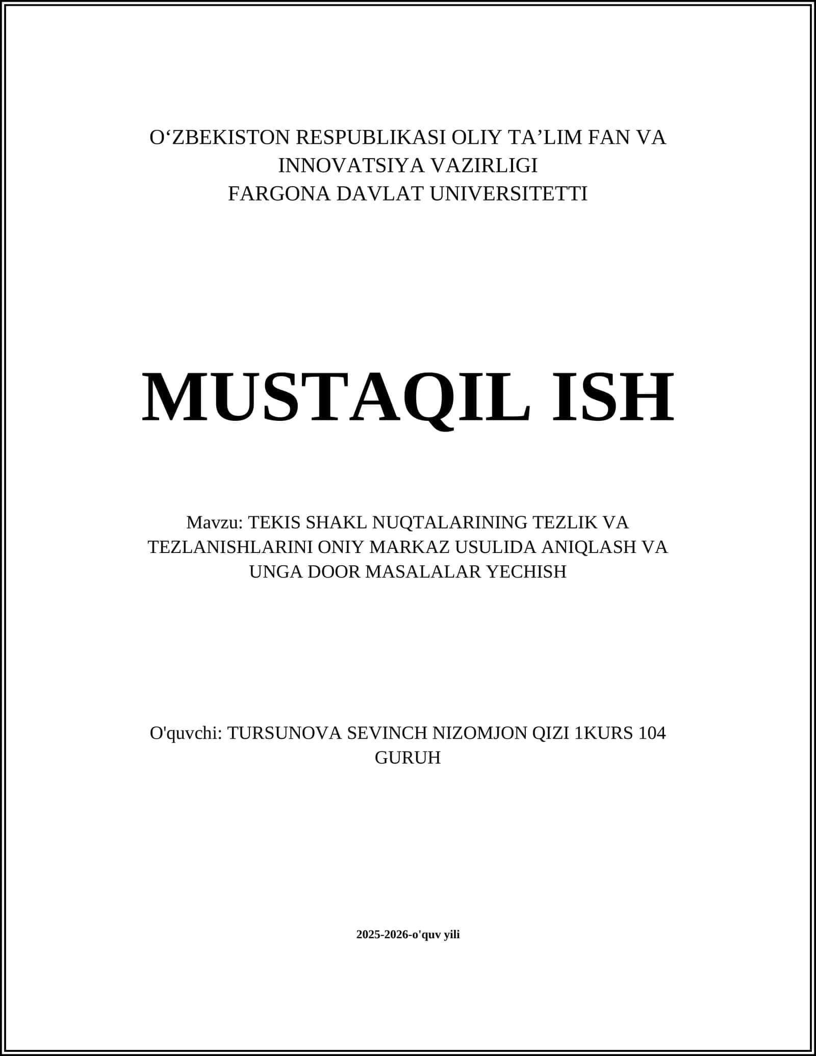 TEKIS SHAKL NUQTALARINING TEZLIK VA TEZLANISHLARINI ONIY MARKAZ USULIDA ANIQLASH VA UNGA DOOR MASALALAR YECHISH
