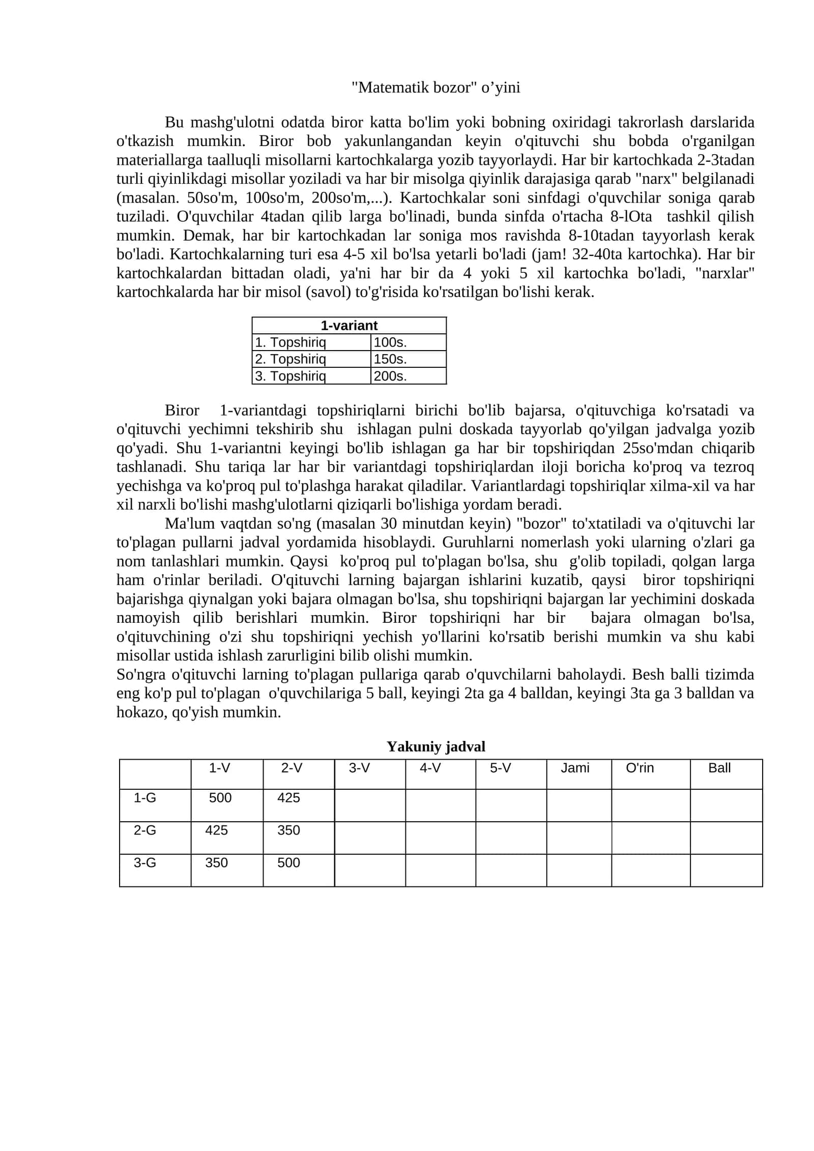 "Matematik bozor" o’yini