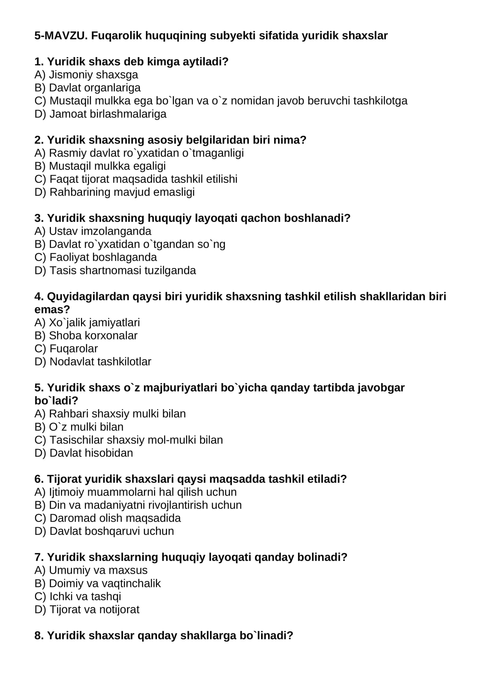 Fuqarolik huquqining subyekti sifatida yuridik shaxslar