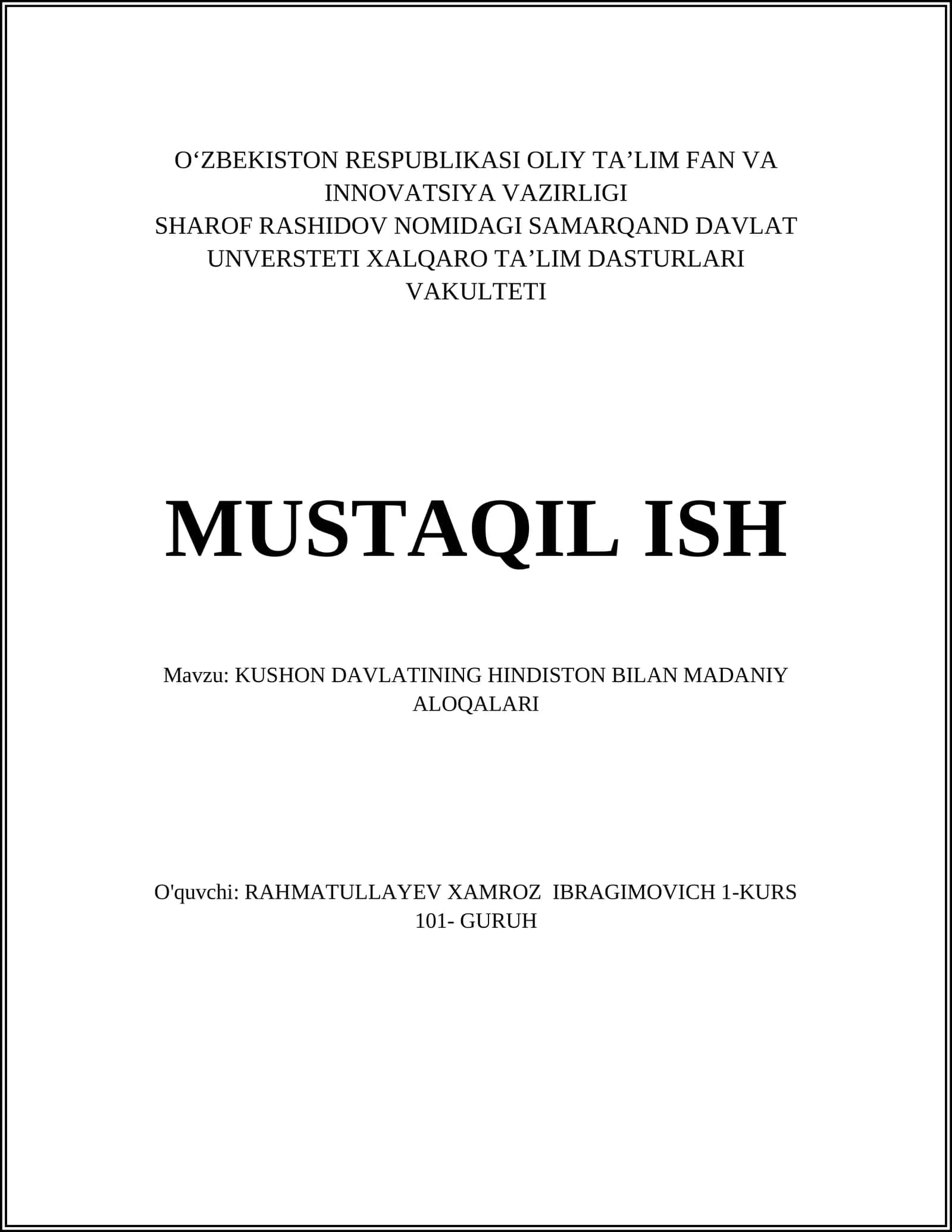 KUSHON DAVLATINING HINDISTON BILAN MADANIY ALOQALARI