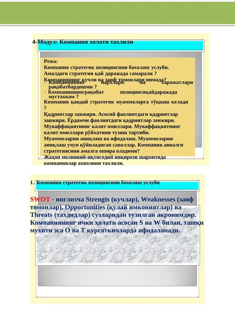 Компания стратегик позициясини бахолаш услуби