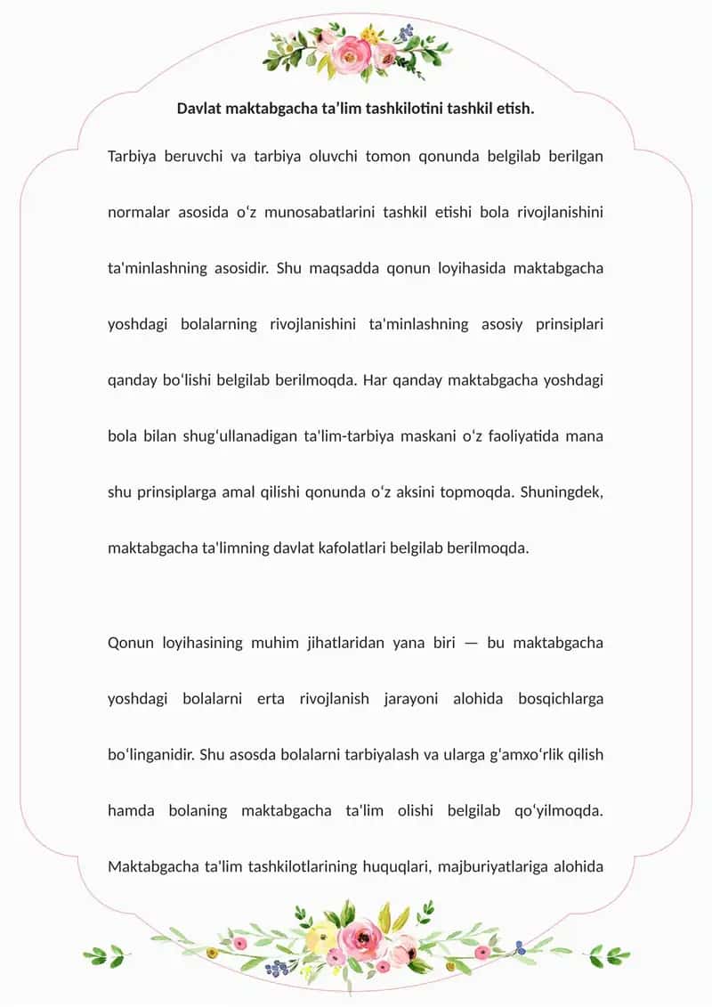Maktabgacha Ta'lim Tashkilotini Tashkil Etish