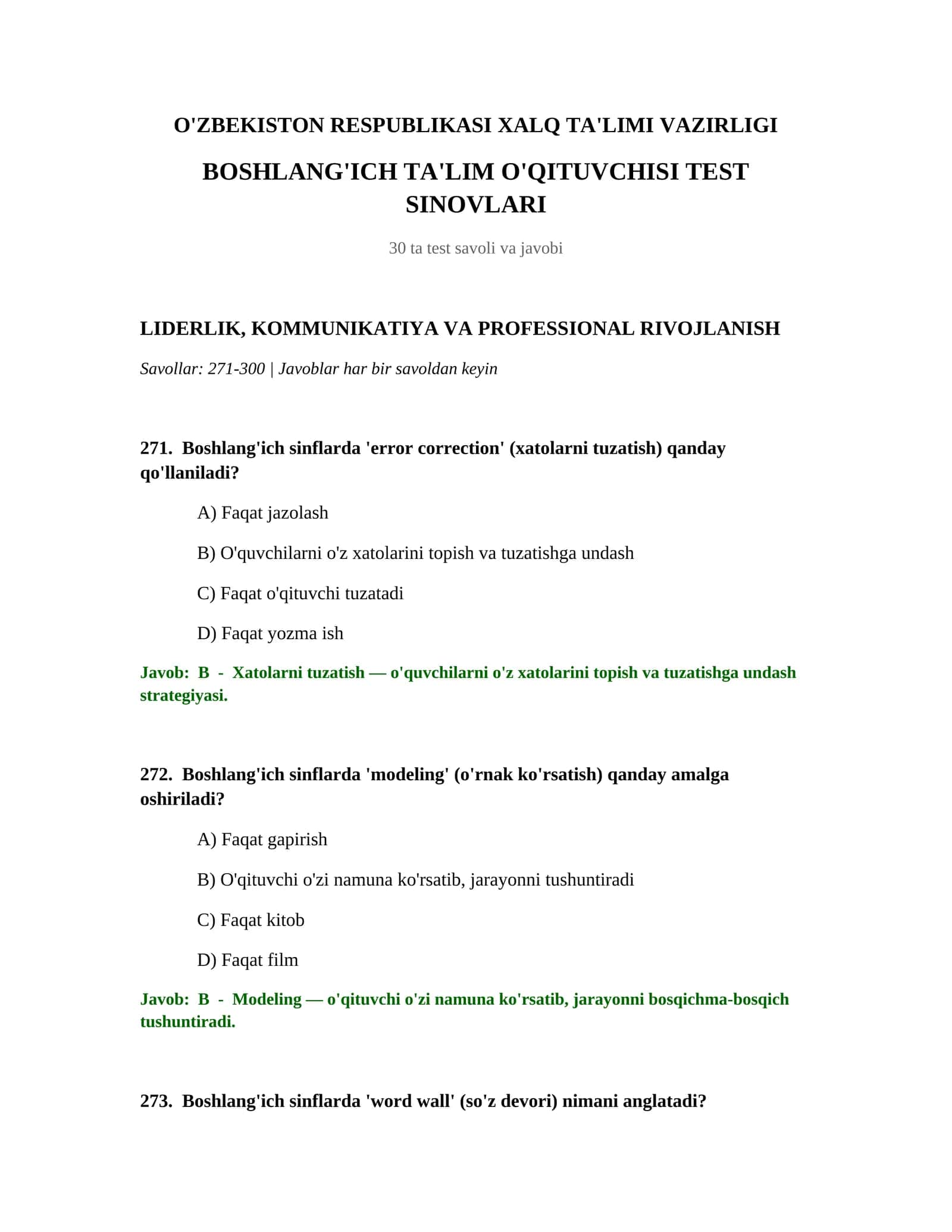 BOSHLANG'ICH TA'LIM O'QITUVCHISI TEST SINOVLARI