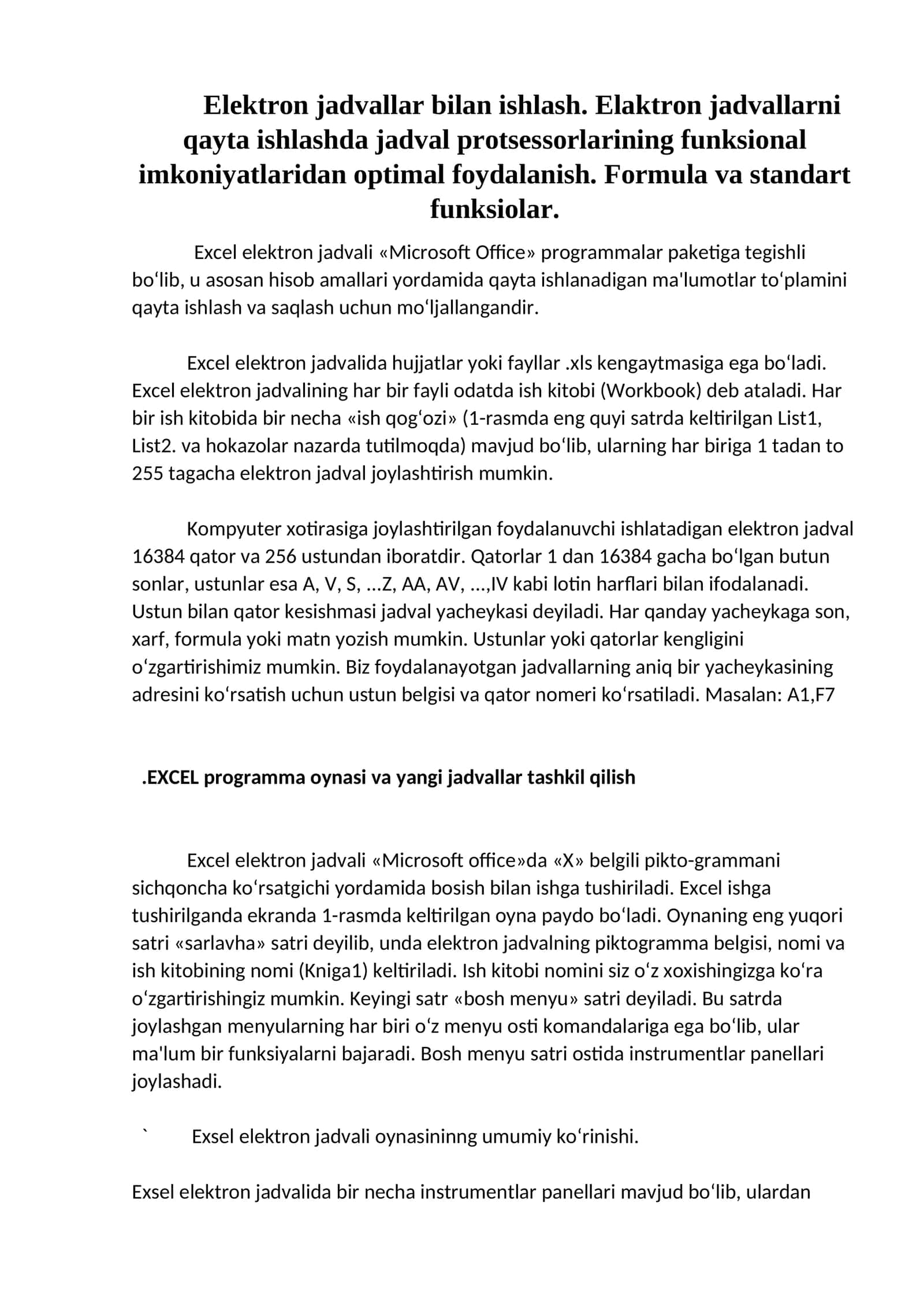 Excel elеktron jadvali