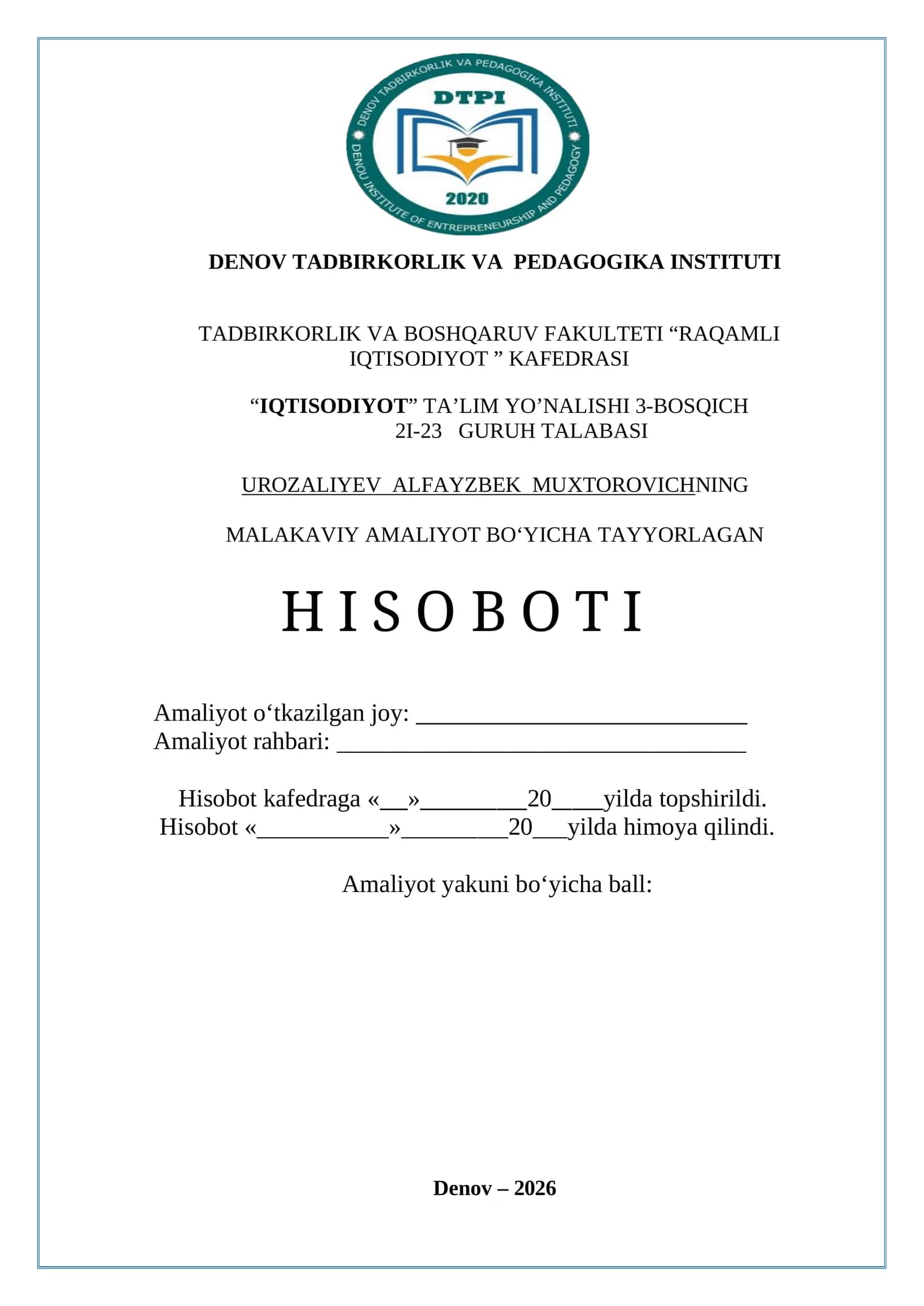 FERMERLAR KENGASHI BUXGALTERIYA BO'LIMI Malakaviy Amaliyot Hisoboti