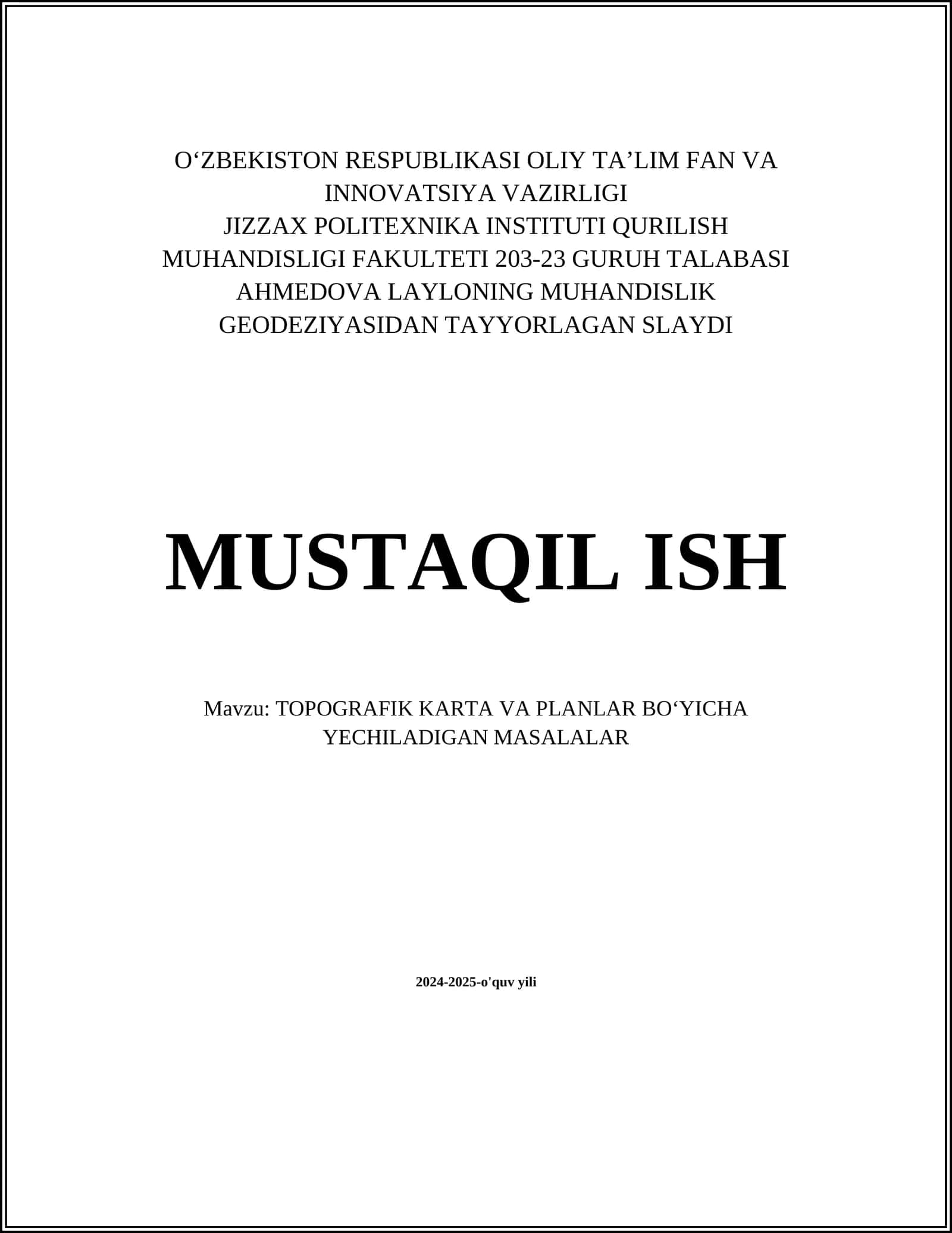 TOPOGRAFIK KARTA VA PLANLAR BO‘YICHA YECHILADIGAN MASALALAR