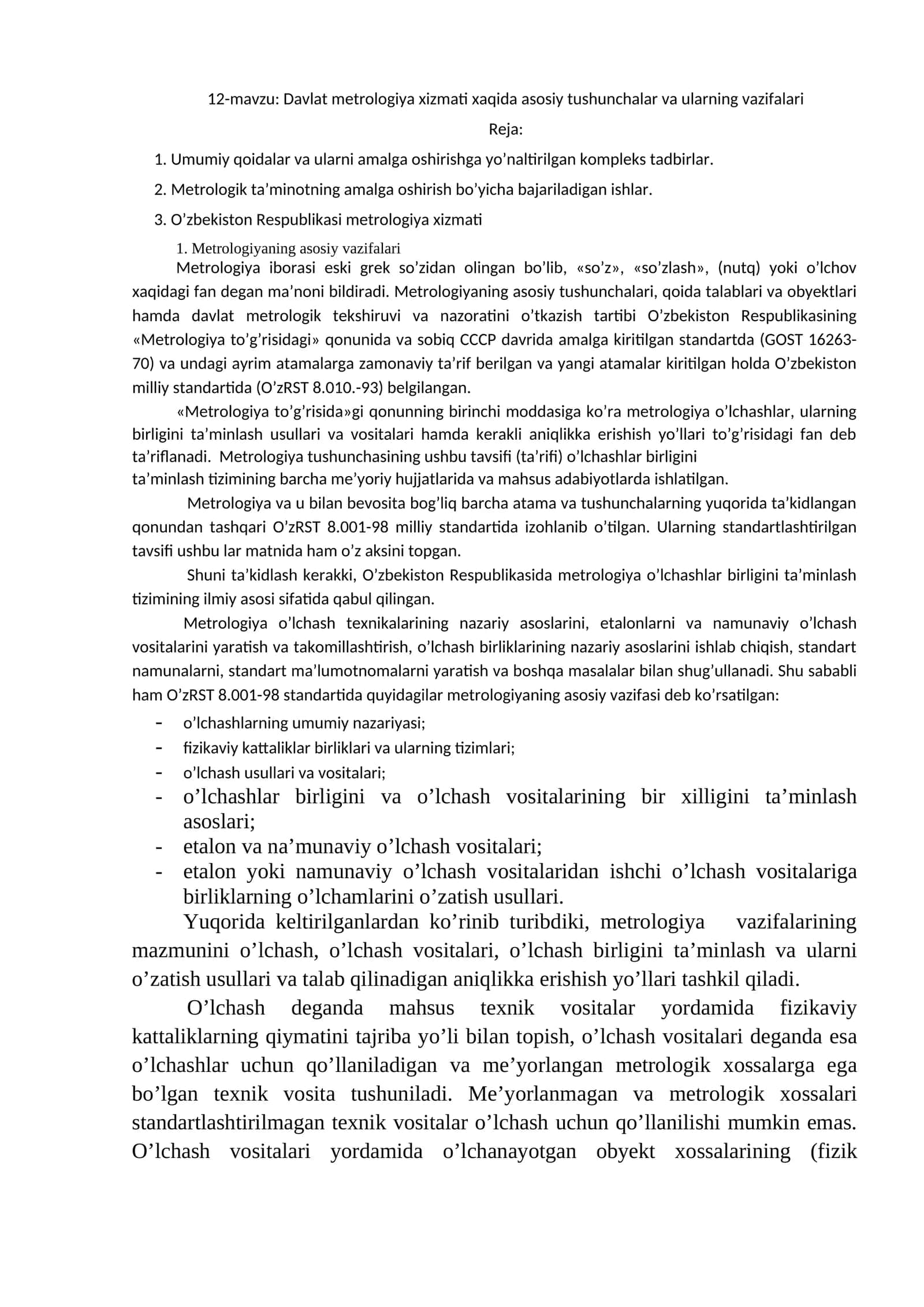 12-mavzu: Davlat metrologiya xizmati xaqida asosiy tushunchalar va ularning vazifalari
