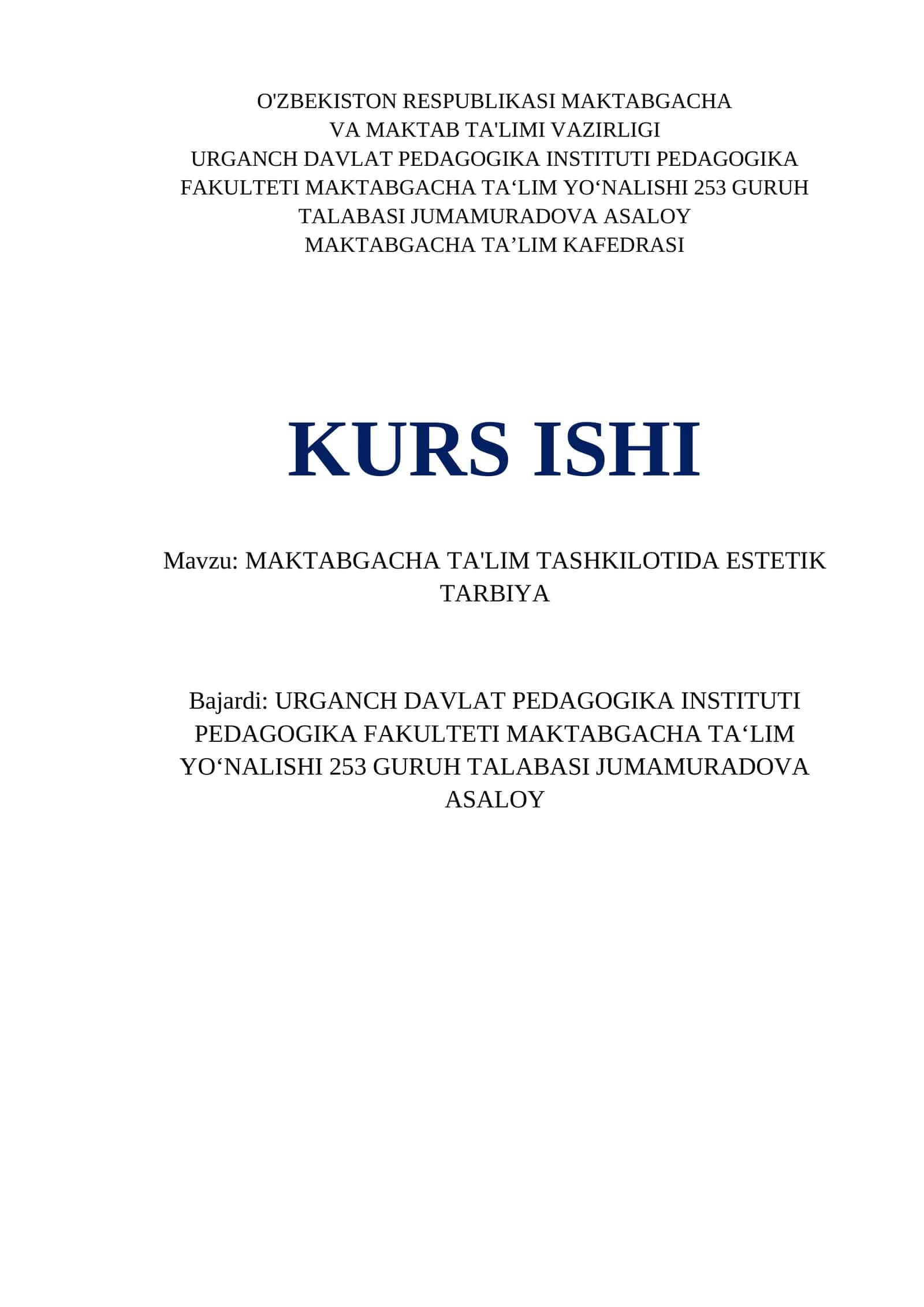 MAKTABGACHA TA'LIM TASHKILOTIDA ESTETIK TARBIYA