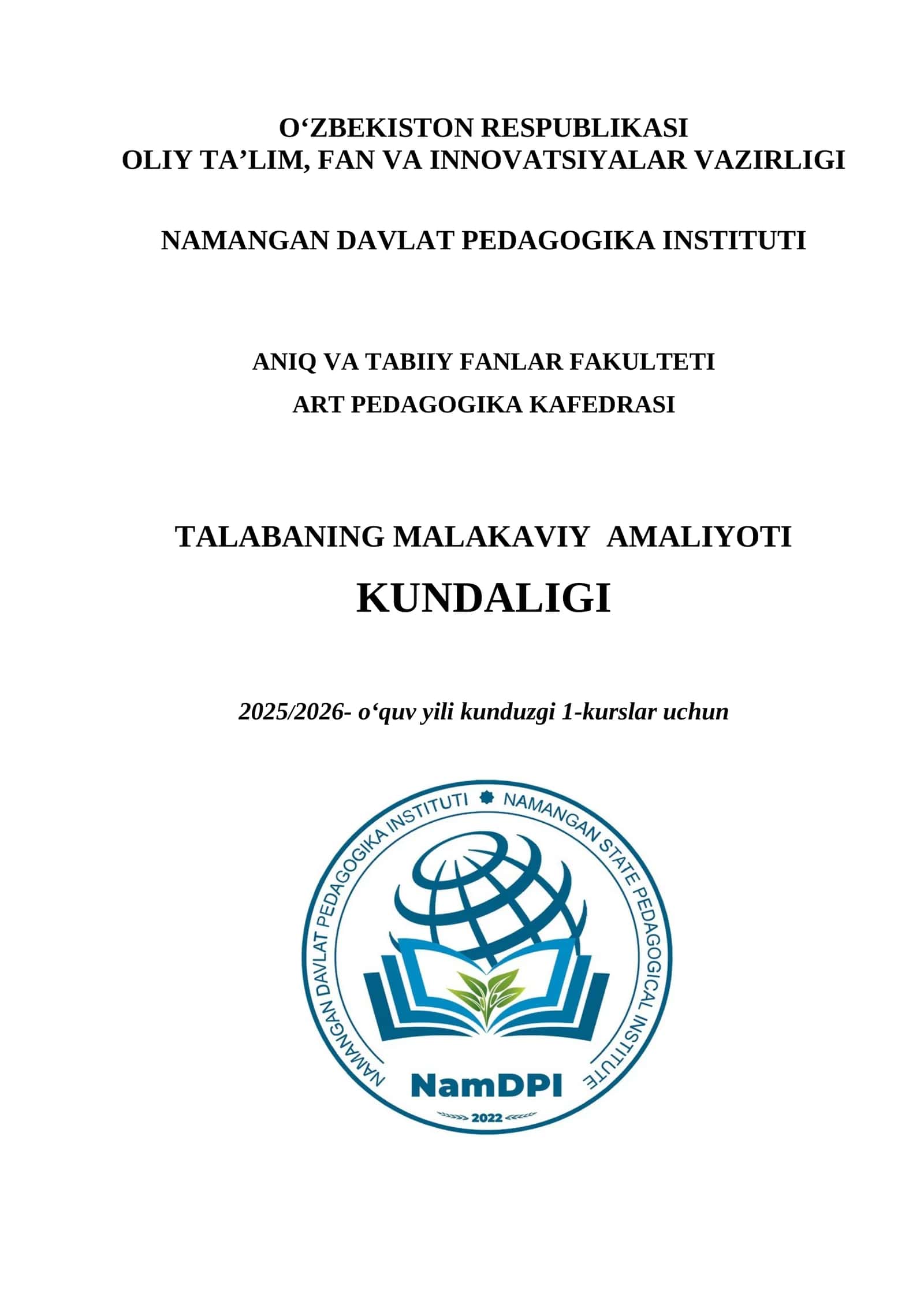 Talabaning MALAKAVIY amaliyoti kundaligi
