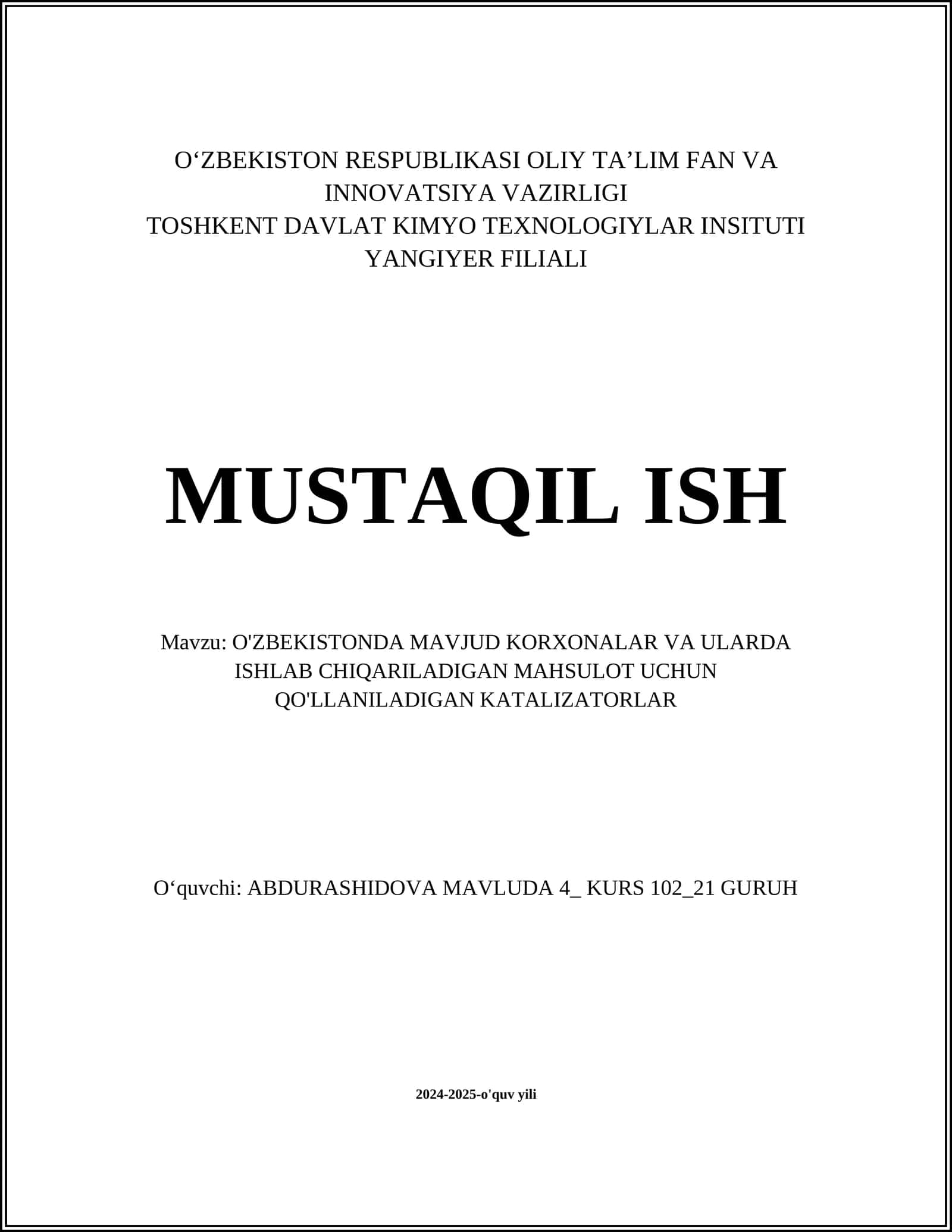 Umumiy kimyo sanoati va katalizatorlar