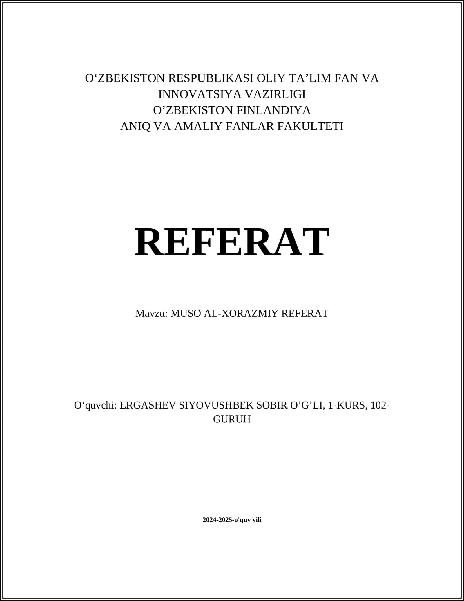 MUSO AL-XORAZMIY REFERAT