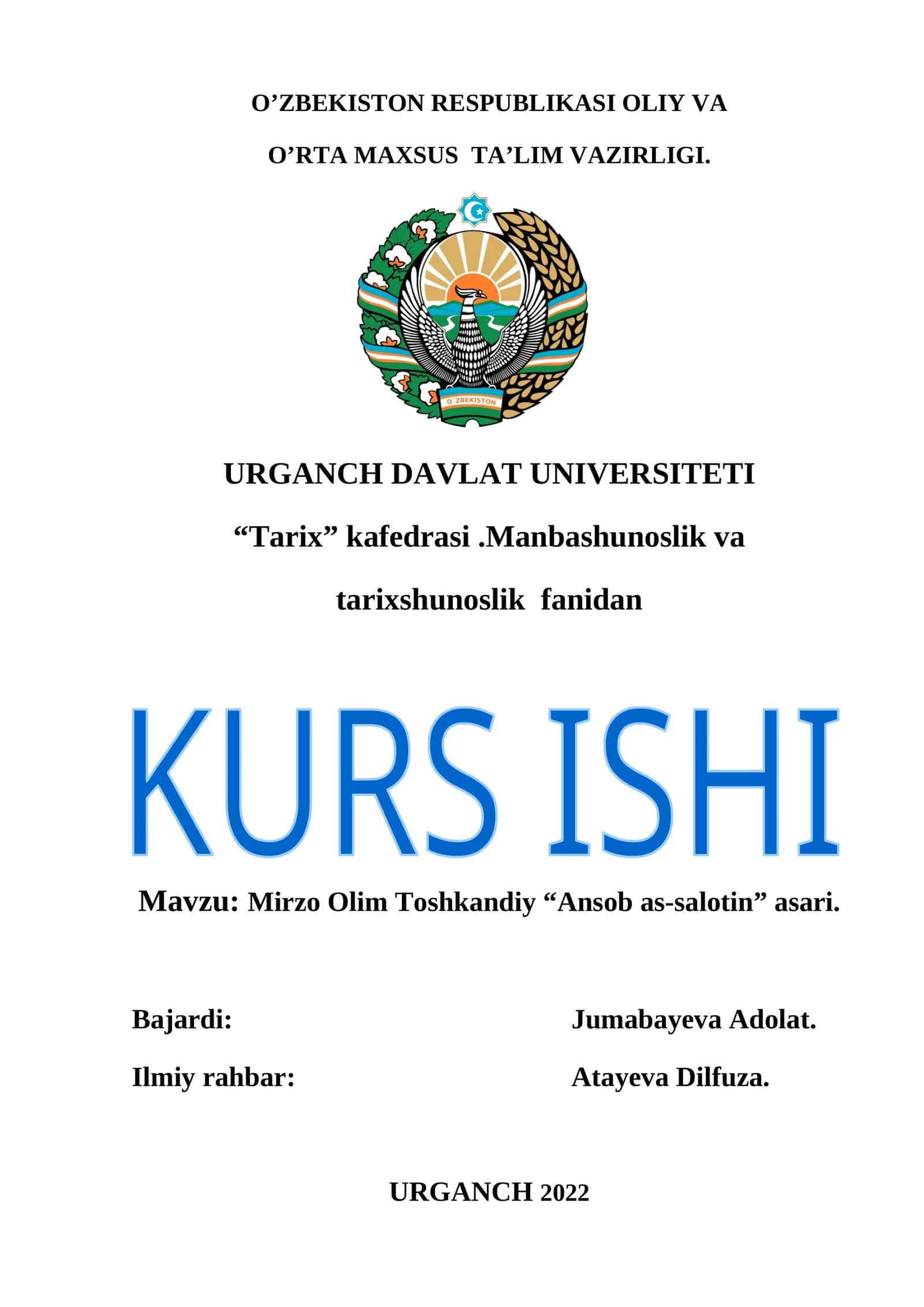 Mirzo Olim Toshkandiy “Ansob as-salotin” asari