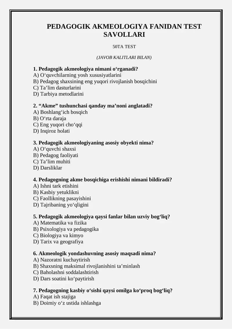PEDAGOGIK AKMEOLOGIYA FANIDAN TEST SAVOLLARI