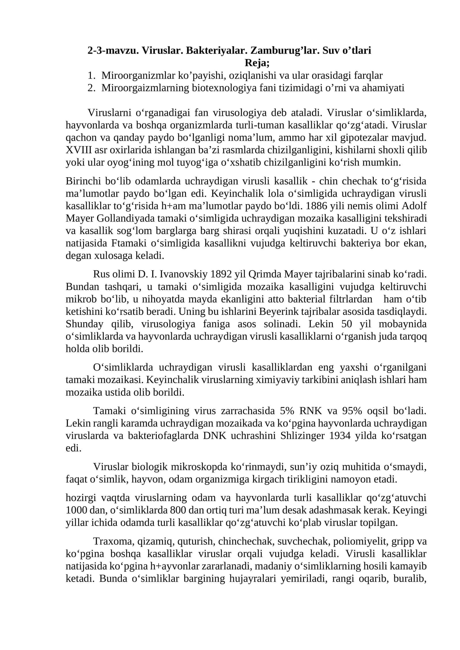 Viruslar. Bakteriyalar. Zamburug’lar. Suv o’tlari