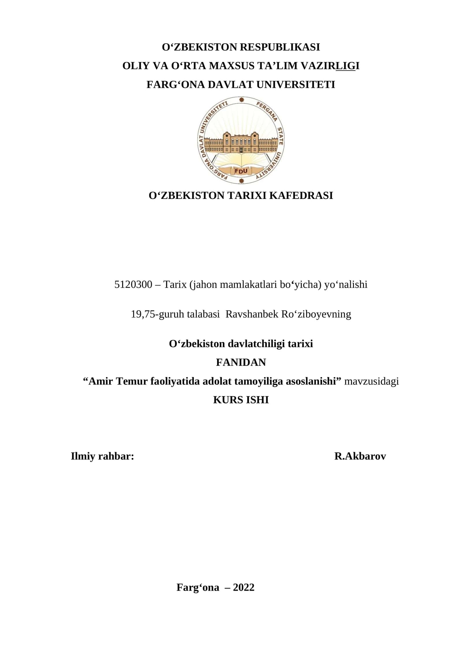 Amir Temur faoliyatida adolat tamoyiliga asoslanishi