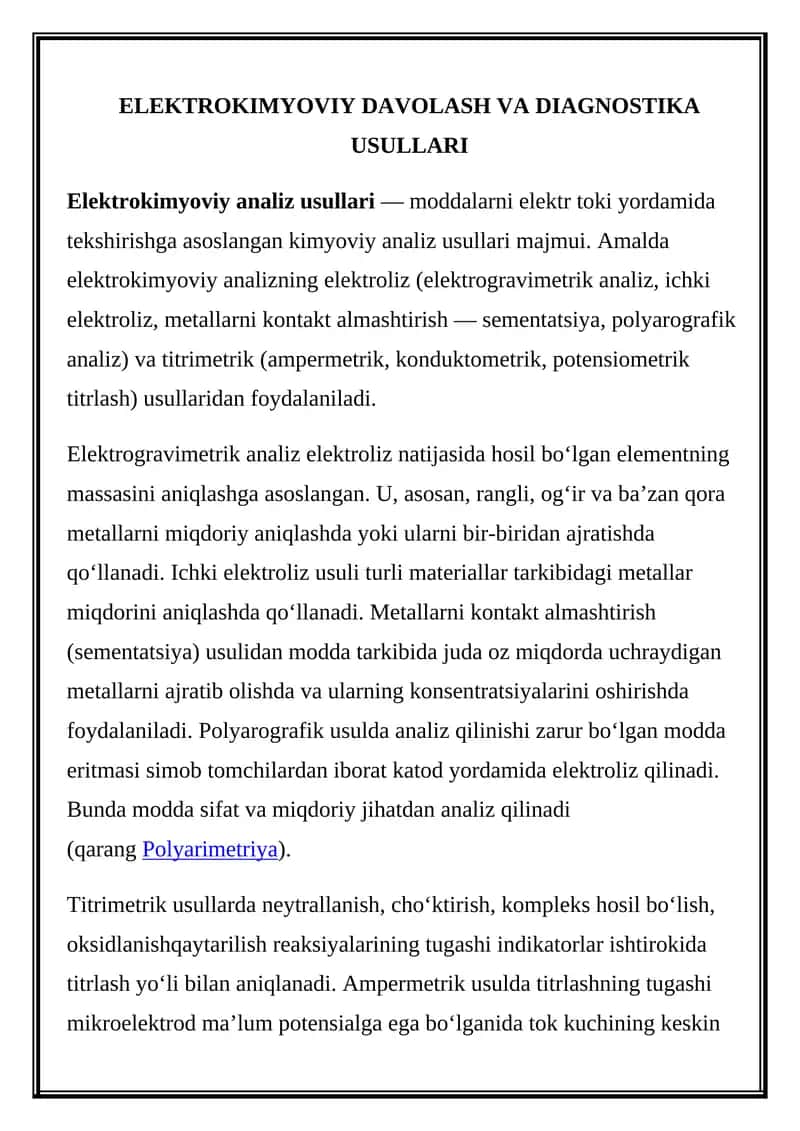 ELEKTROKIMYOVIY DAVOLASH VA DIAGNOSTIKA USULLARI