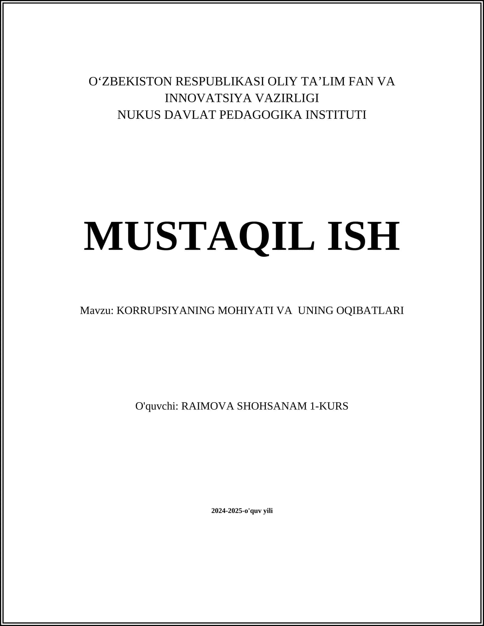 KORRUPSIYANING MOHIYATI VA UNING OQIBATLARI