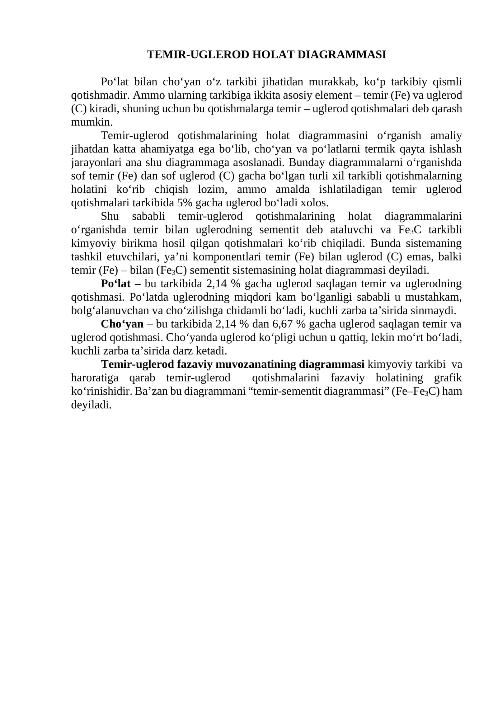 TEMIR-UGLEROD HOLAT DIAGRAMMASI