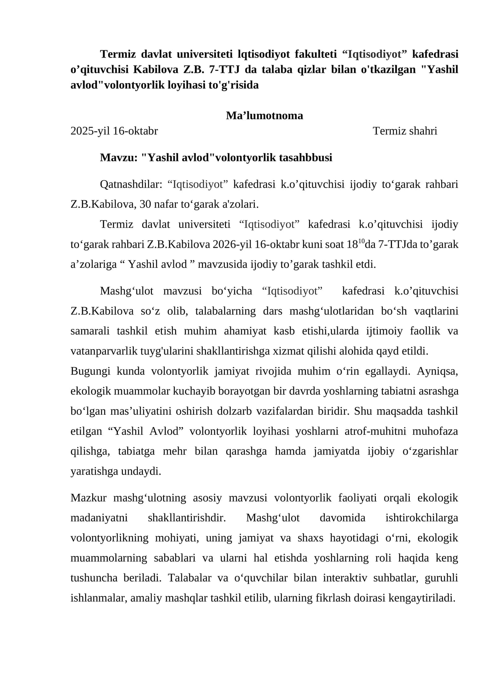 "Yashil avlod" volontyorlik loyihasi