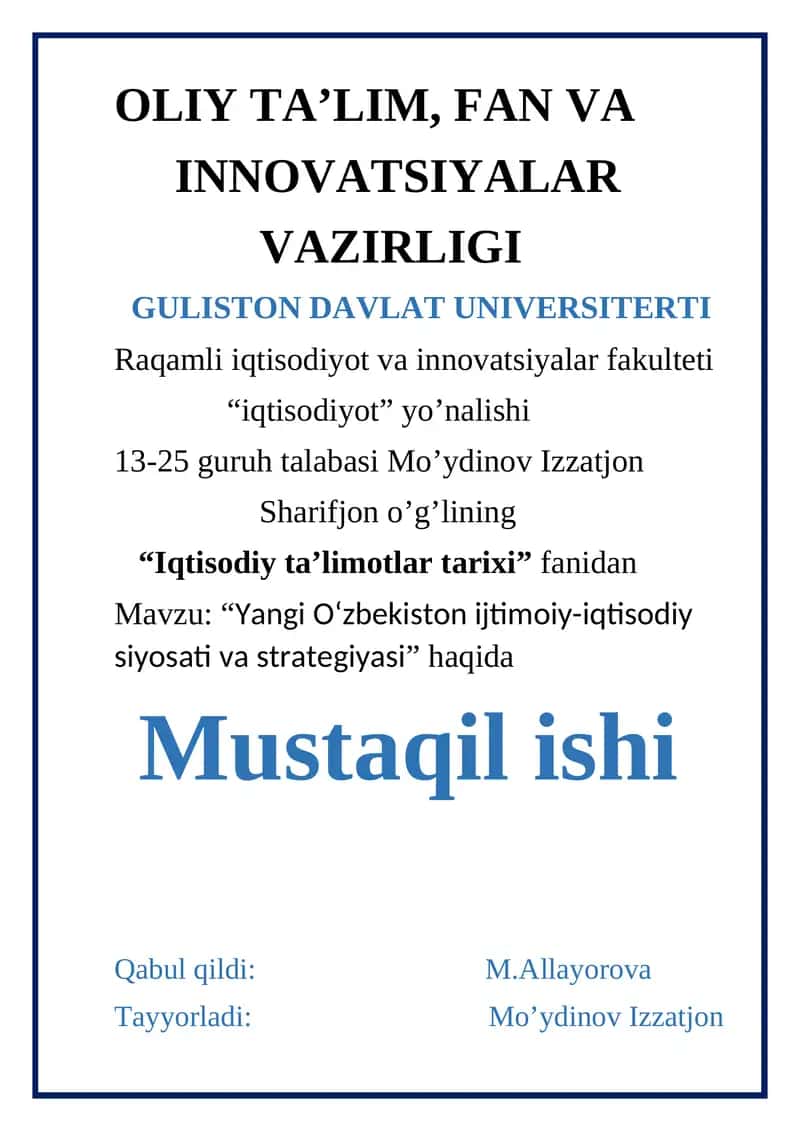Yangi O‘zbekiston ijtimoiy-iqtisodiy siyosati va strategiyasi