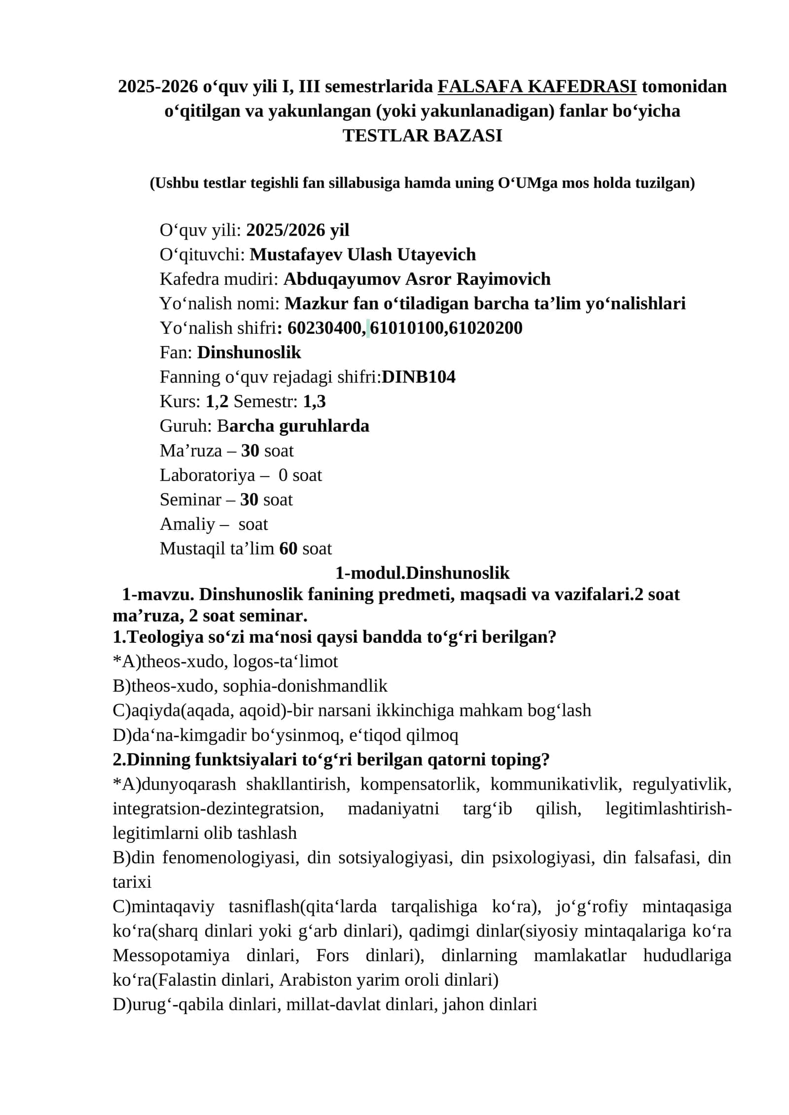 Dinshunoslik testlar bazasi