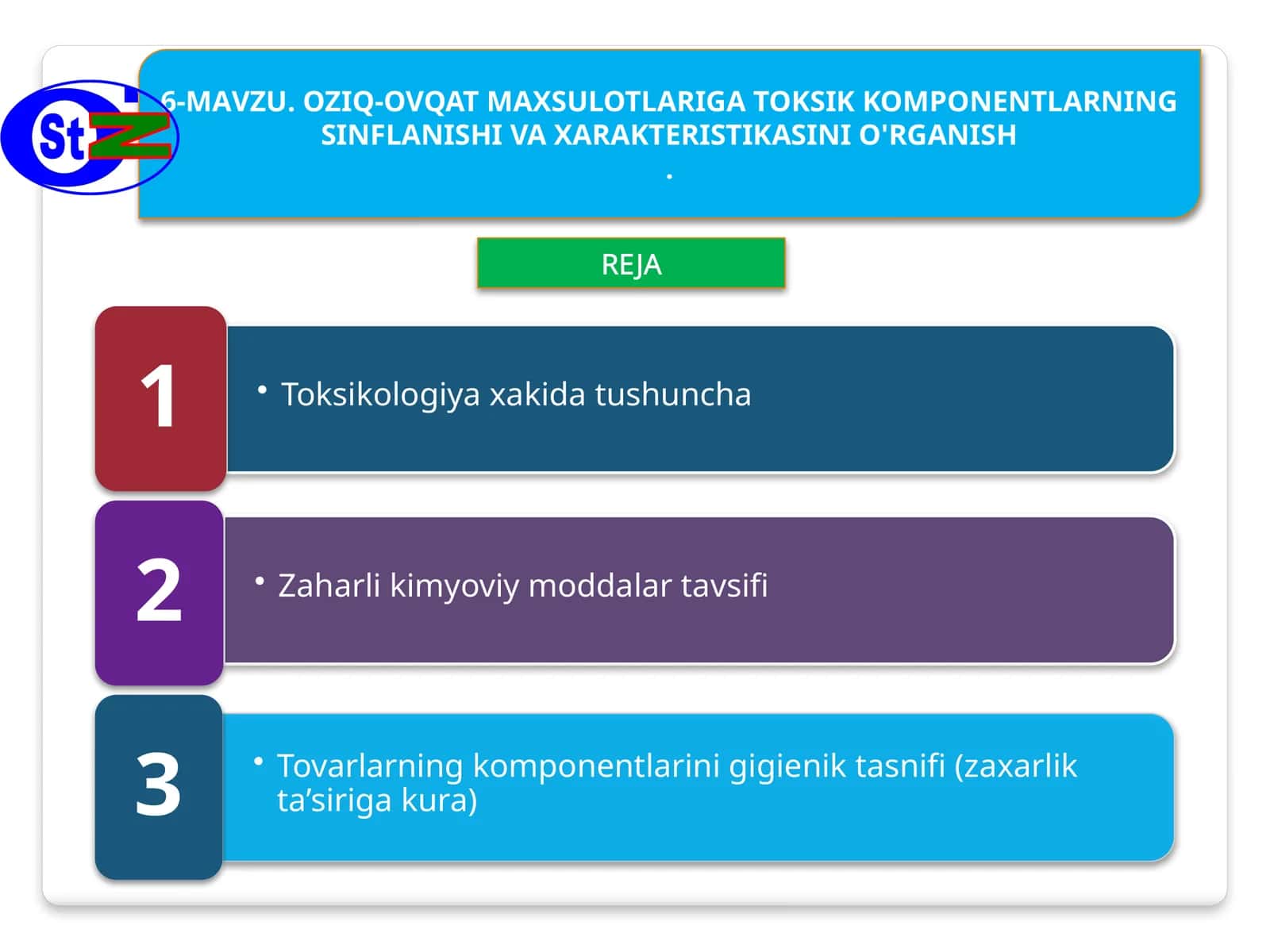 OZIQ-OVQAT MAXSULOTLARIGA TOKSIK KOMPONENTLARNING SINFLANISHI VA XARAKTERISTIKASINI O'RGANISH .