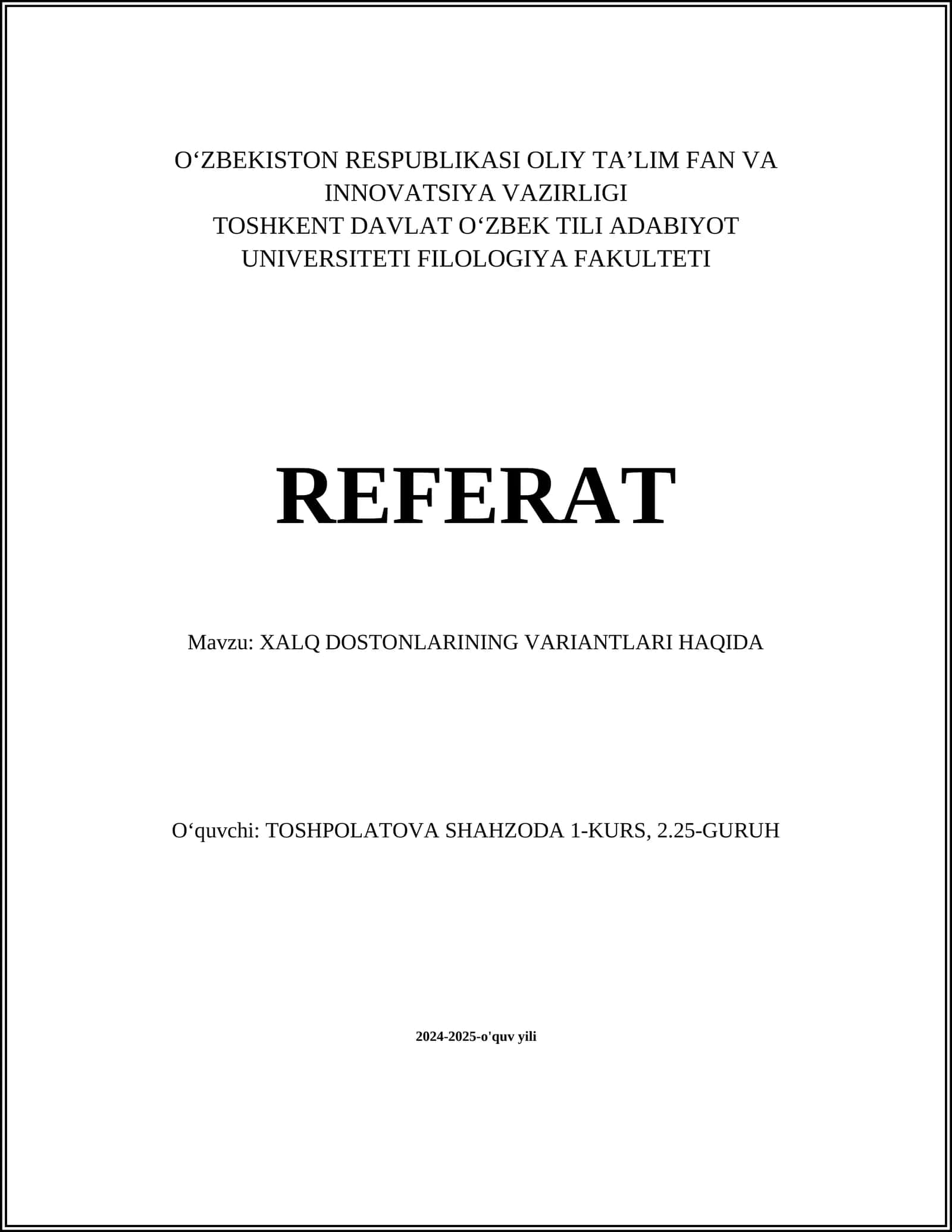 XALQ DOSTONLARINING VARIANTLARI HAQIDA