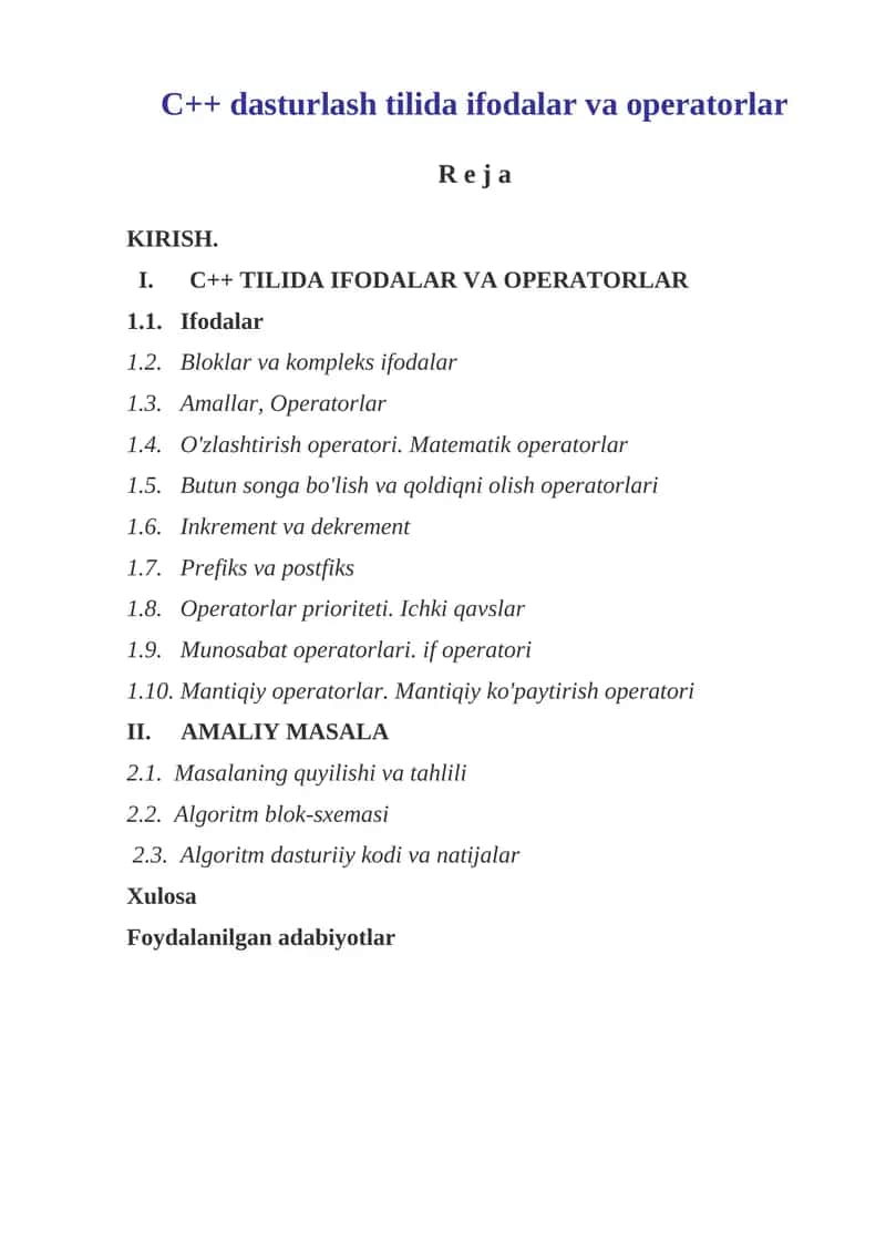 C++ tilida ifodalar va operatorlar