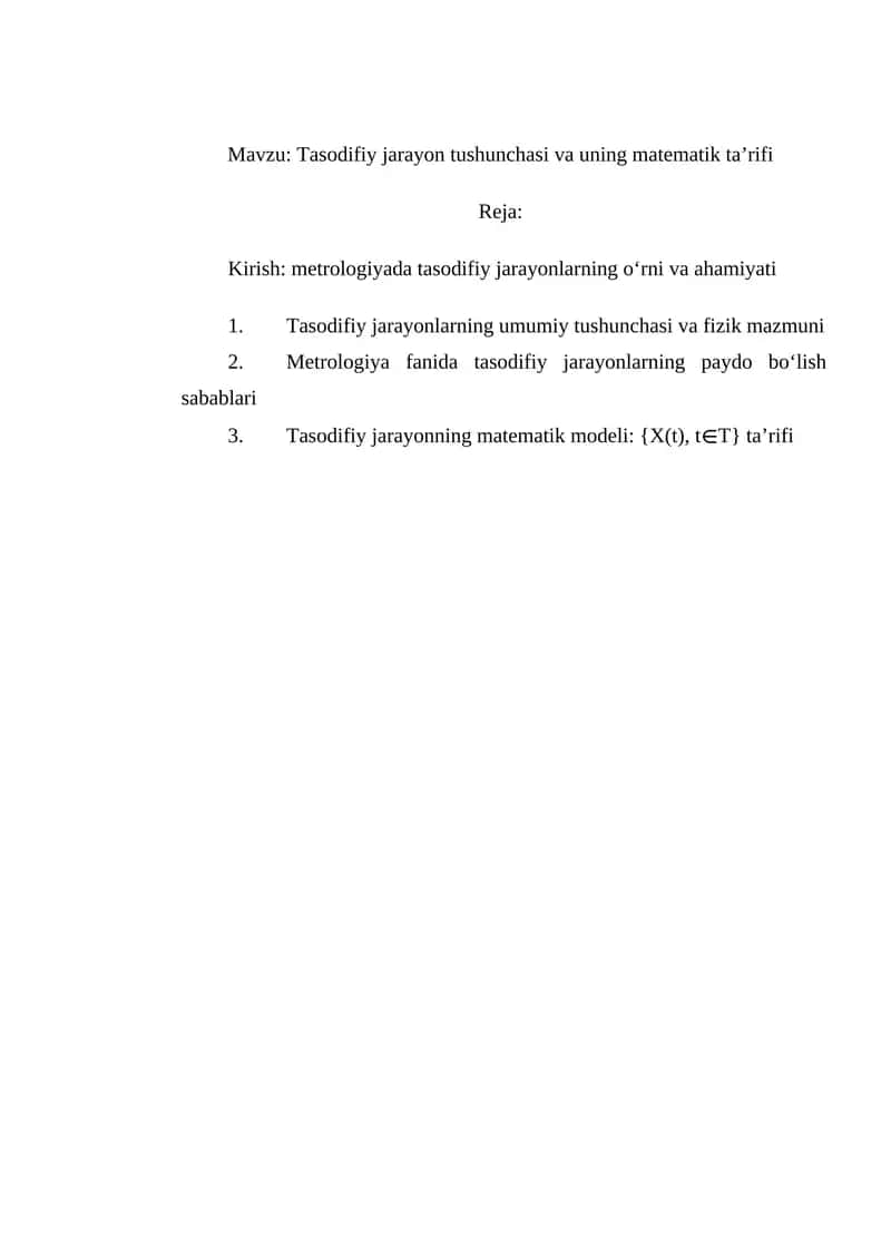 Tasodifiy jarayon tushunchasi va uning matematik ta’rifi