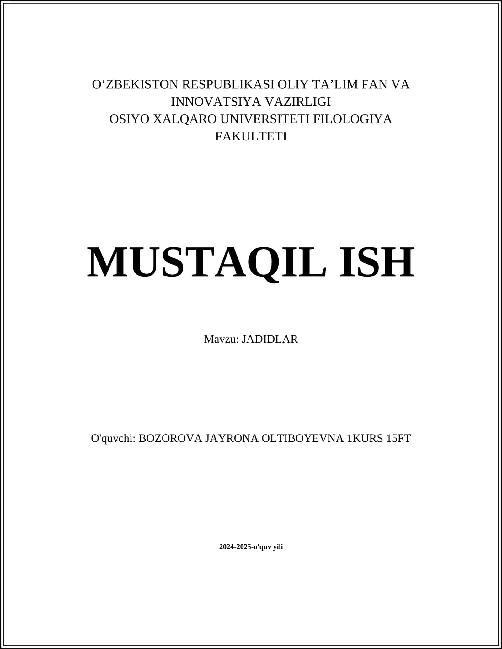 MUSTAQIL ISH Mavzu: JADIDLAR