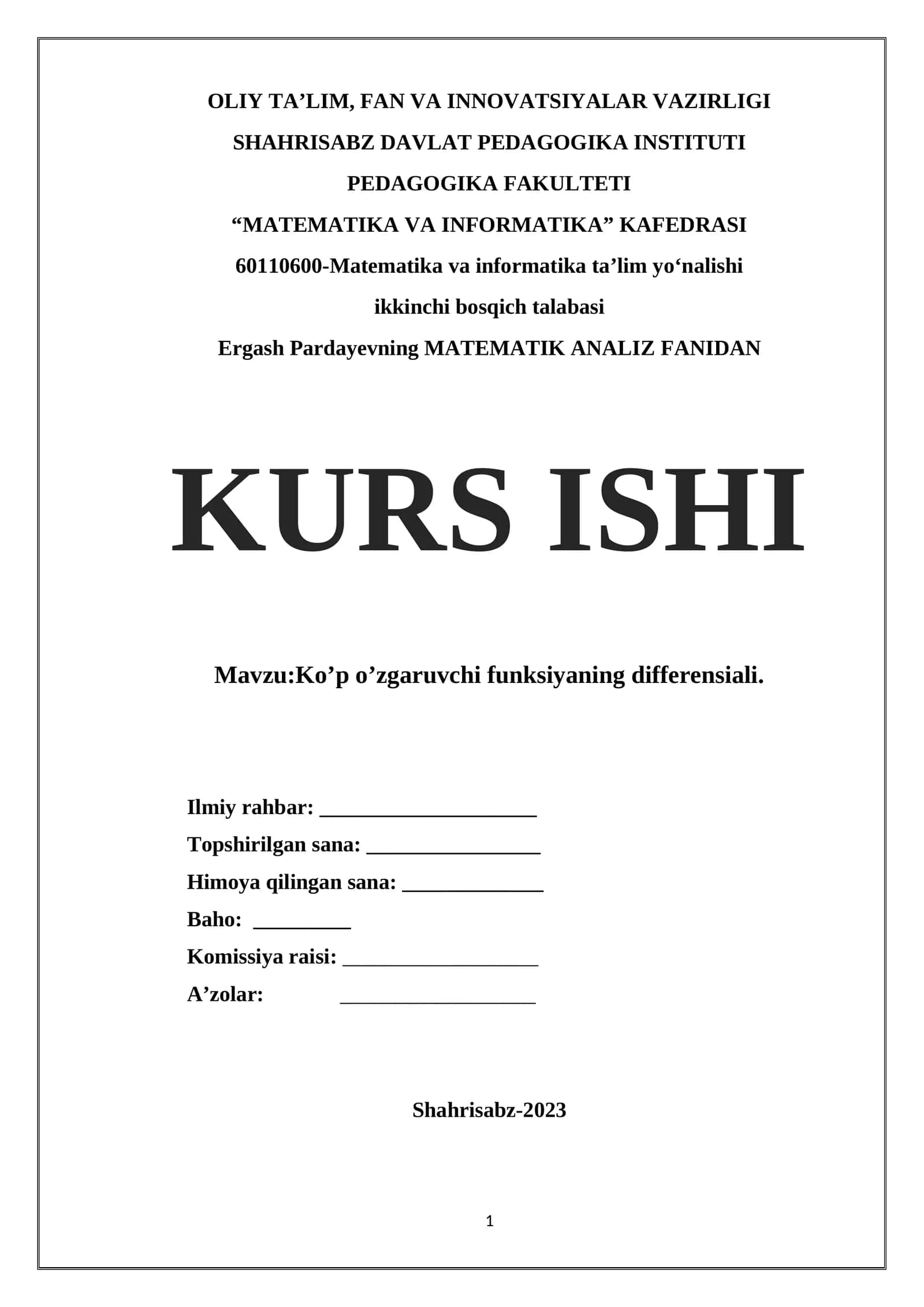Matematika va informatika ta’lim yo‘nalishi kurs ishi