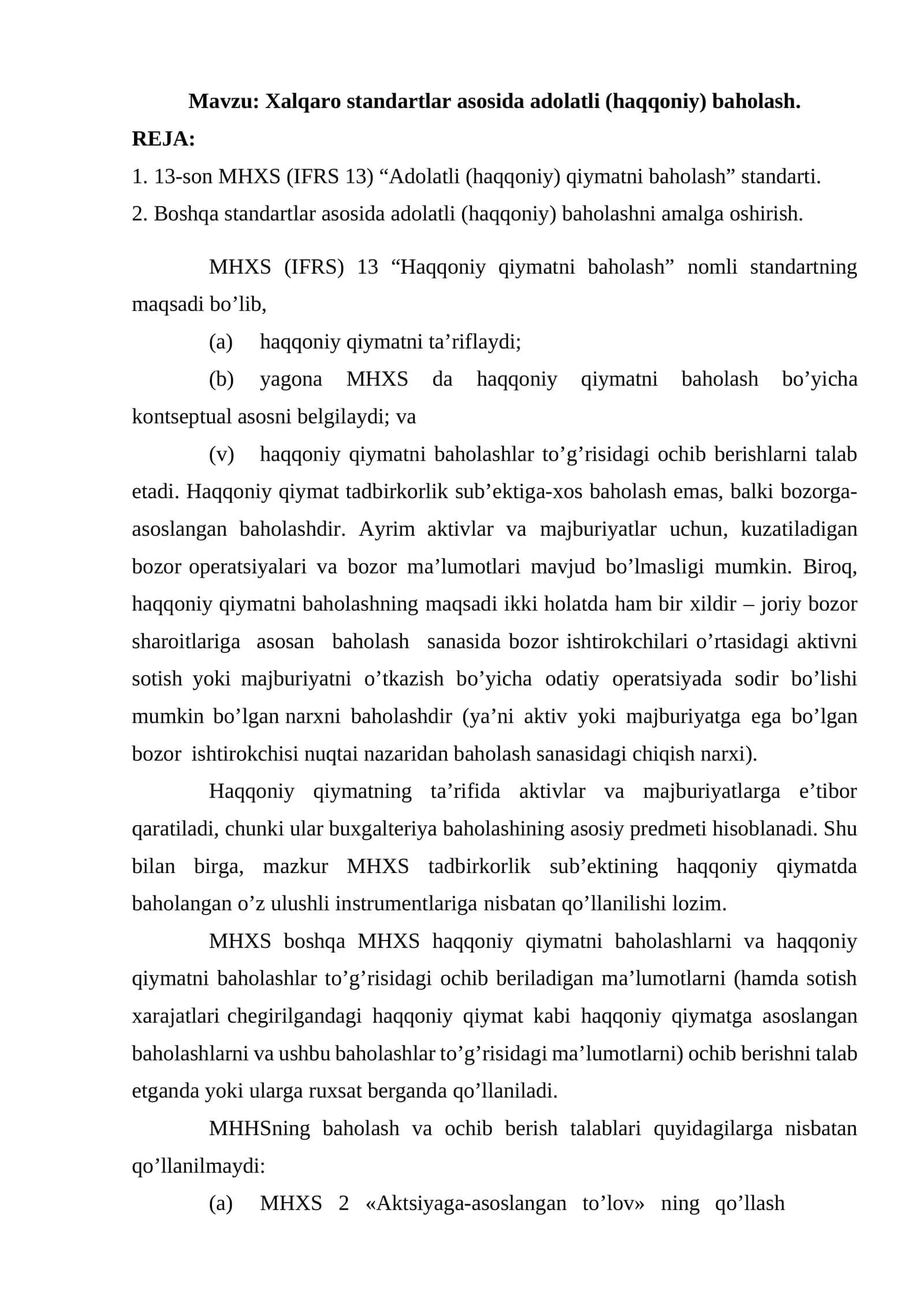 Xalqaro standartlar asosida adolatli (haqqoniy) baholash