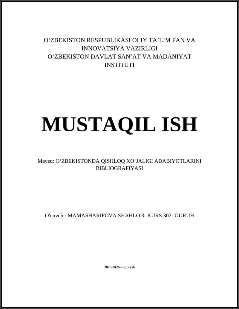 OʻZBEKISTONDA QISHLOQ XOʻJALIGI ADABIYOTLARINI BIBLIOGRAFIYASI