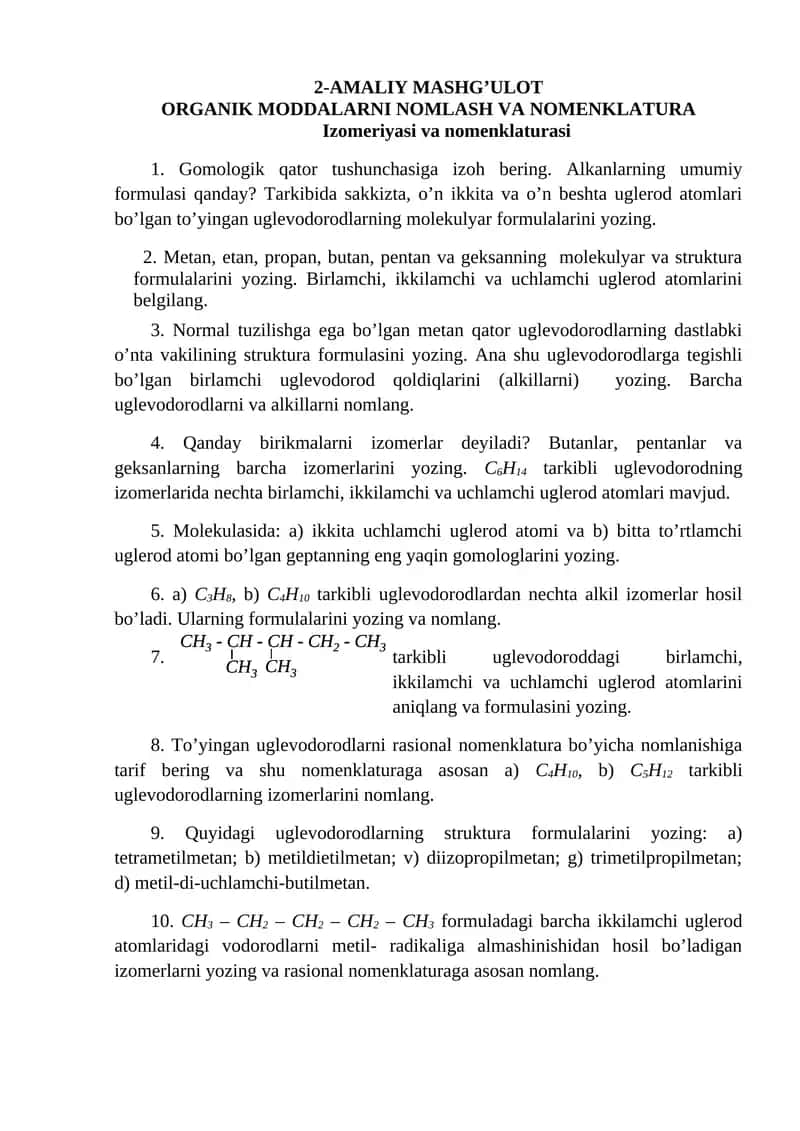 2-AMALIY MASHG’ULOT. ORGANIK MODDALARNI NOMLASH VA NOMENKLATURA