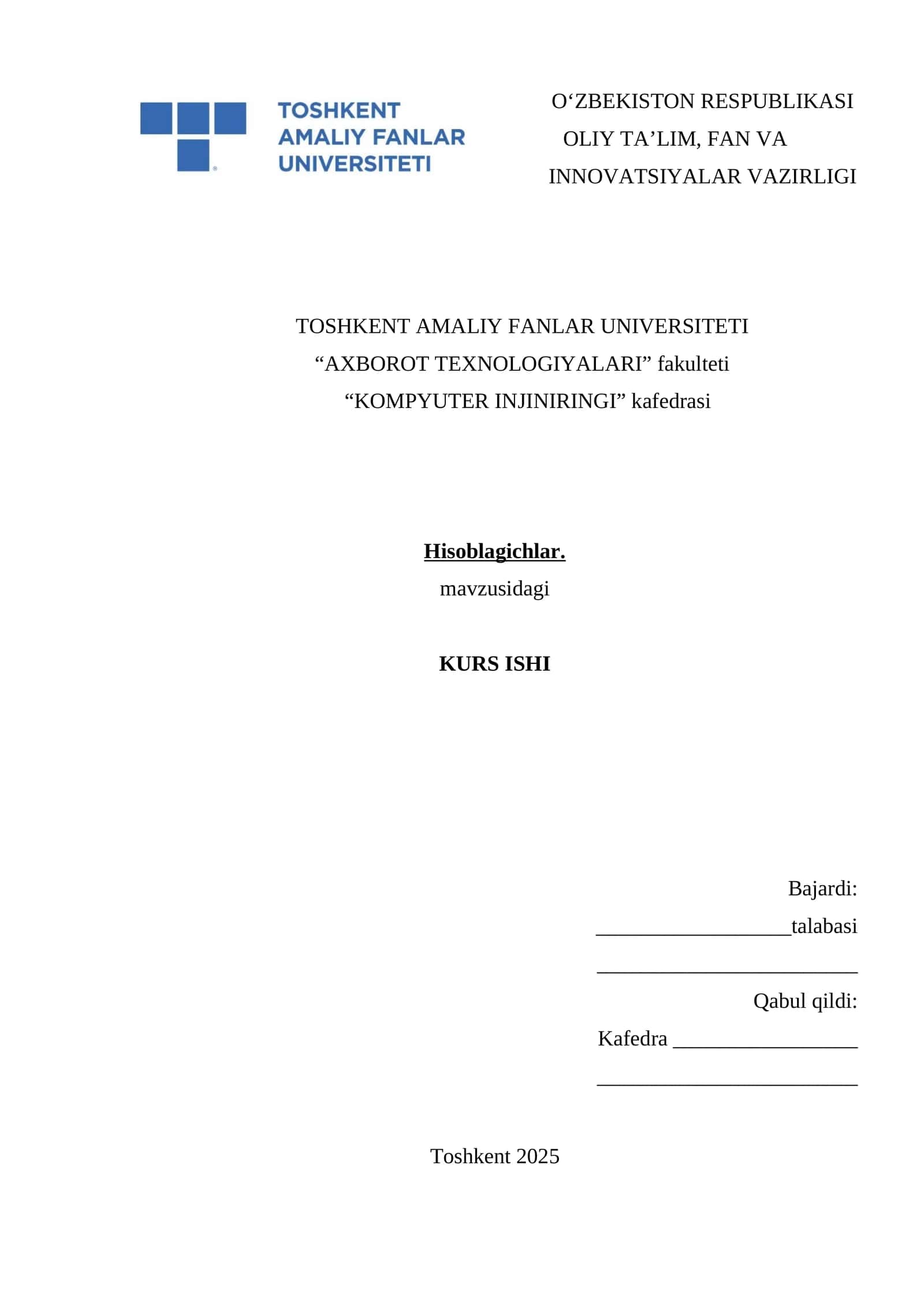 KURS ISHI Hisoblagichlar