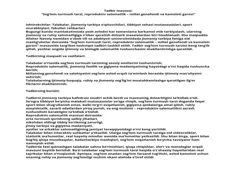 "Sog'lom turmush tarzi, reproduktiv salomatlik - millat genofondi va kamoloti garovi" tadbiri