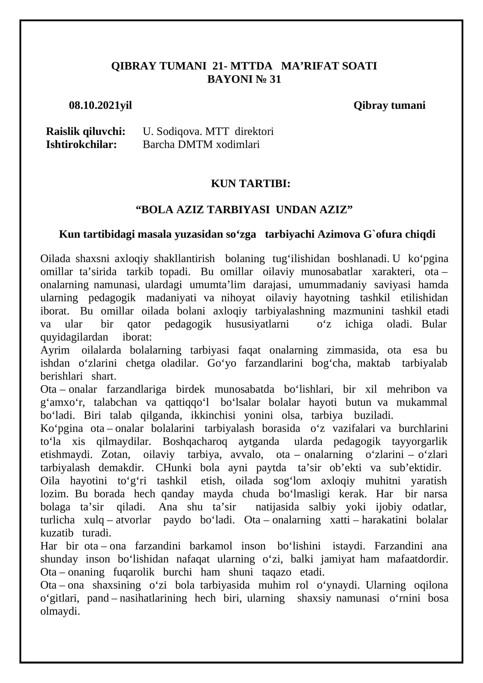 BOLA AZIZ TARBIYASI UNDAN AZIZ