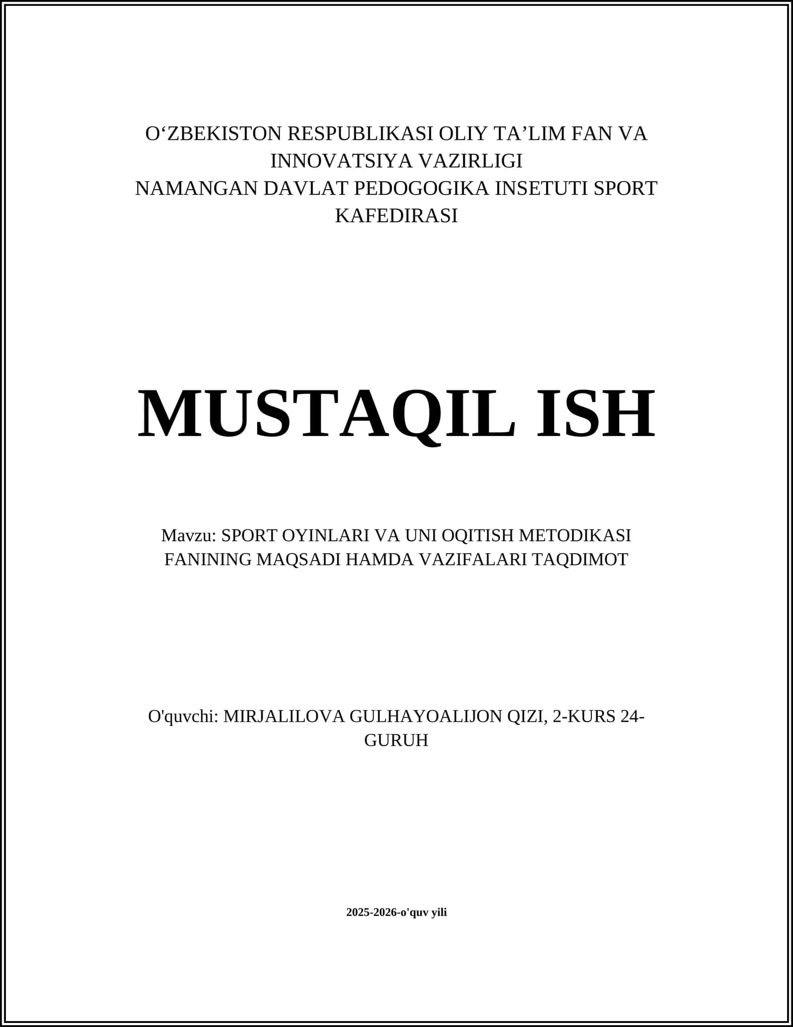SPORT OYINLARI VA UNI OQITISH METODIKASI